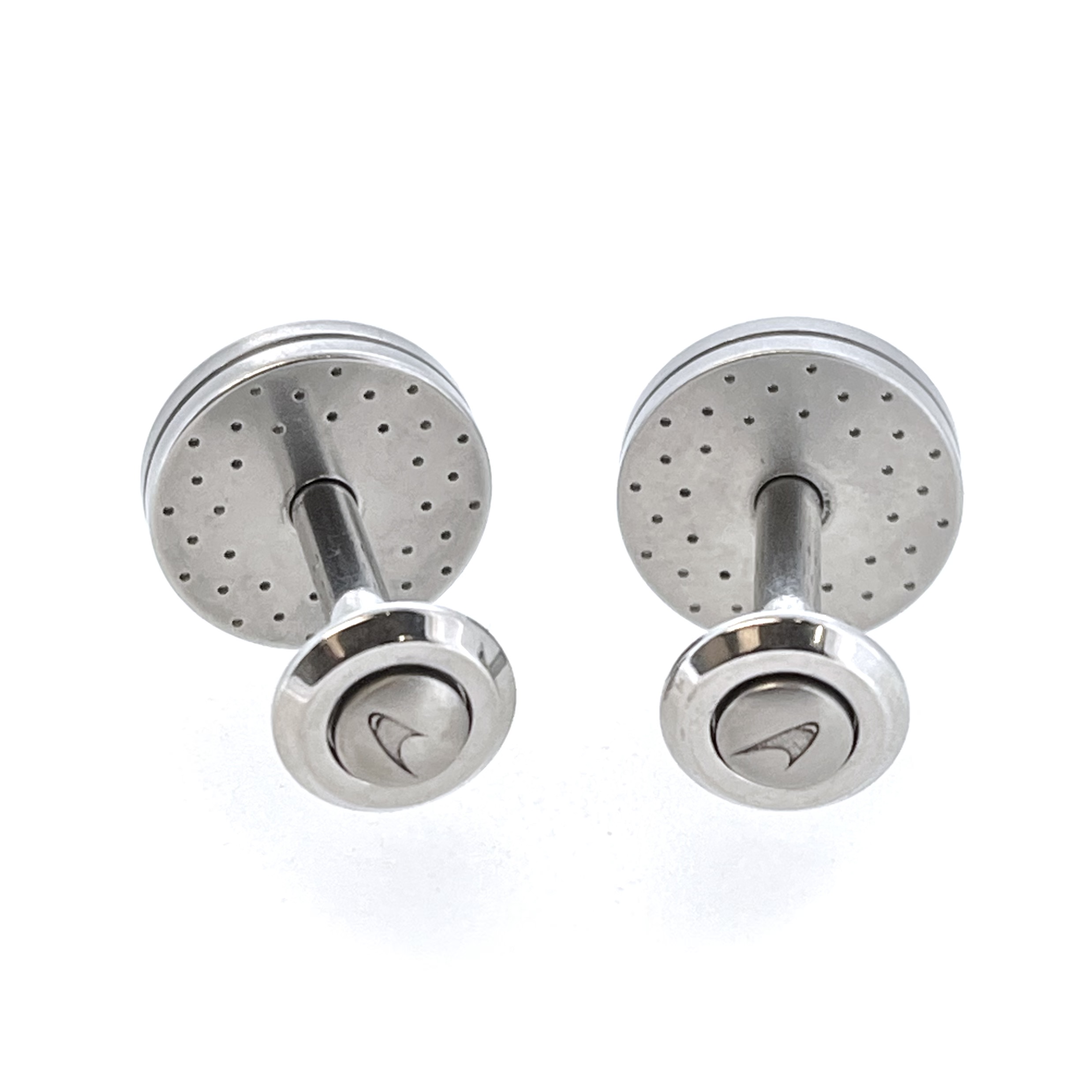 Stainless-steel McLaren cufflinks with carbon-fibre inlay and drilled brake-disc design