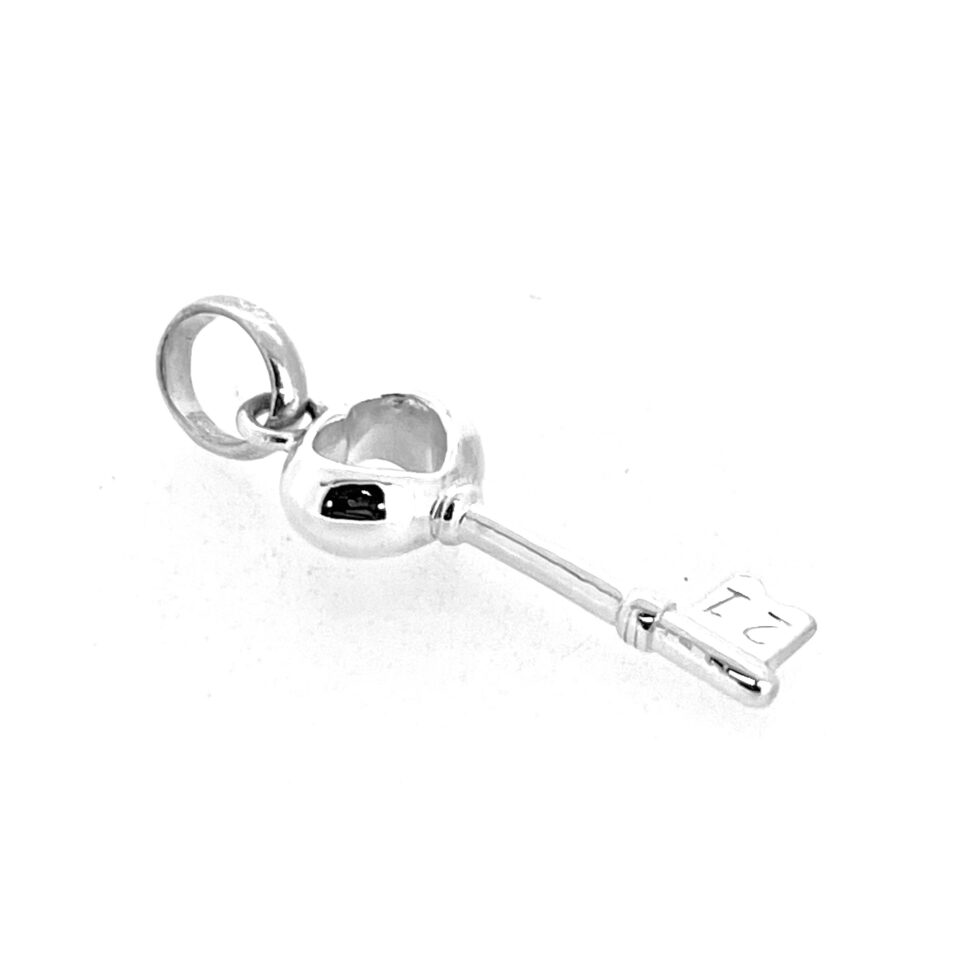 Sterling silver key charm with engraved number 21