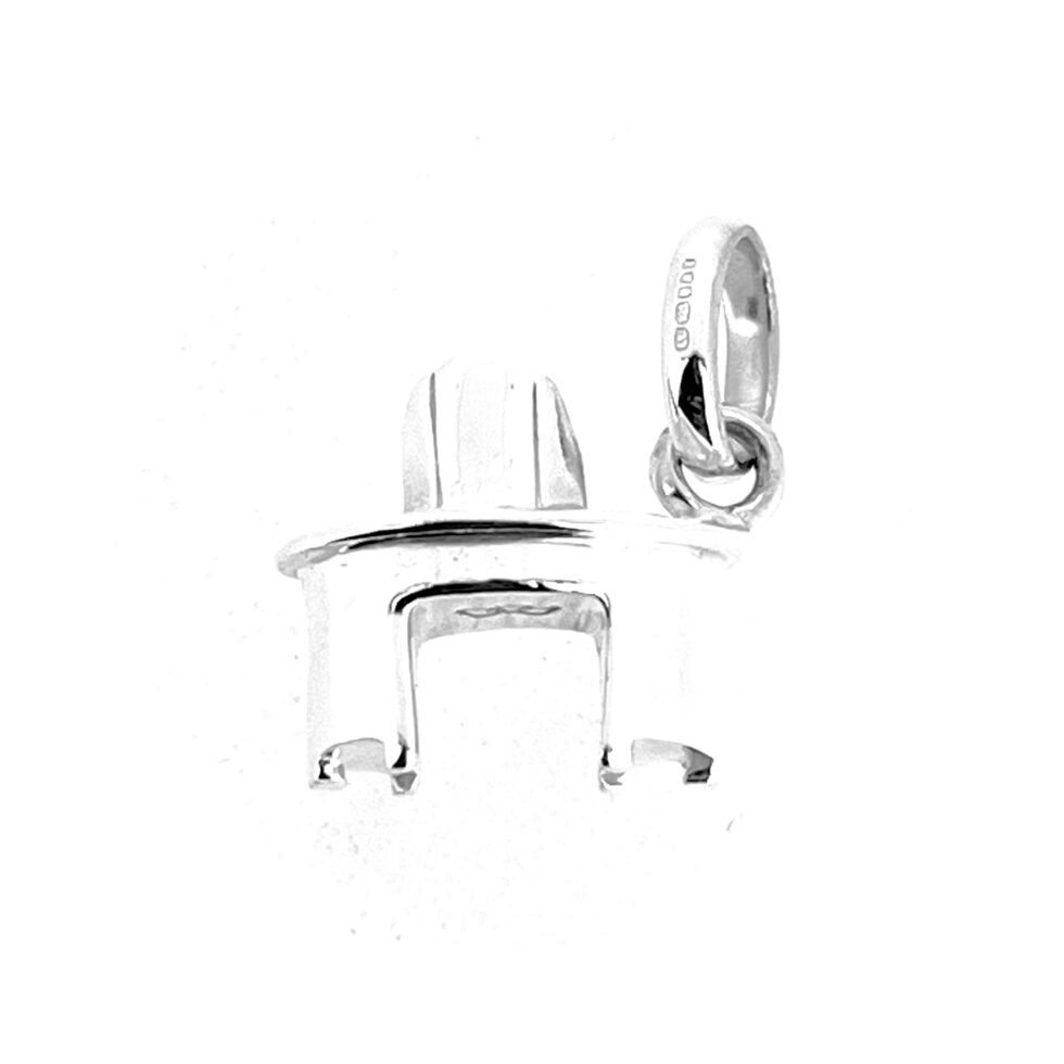 Rear view of charm showing smooth silver underside and logo engraving.