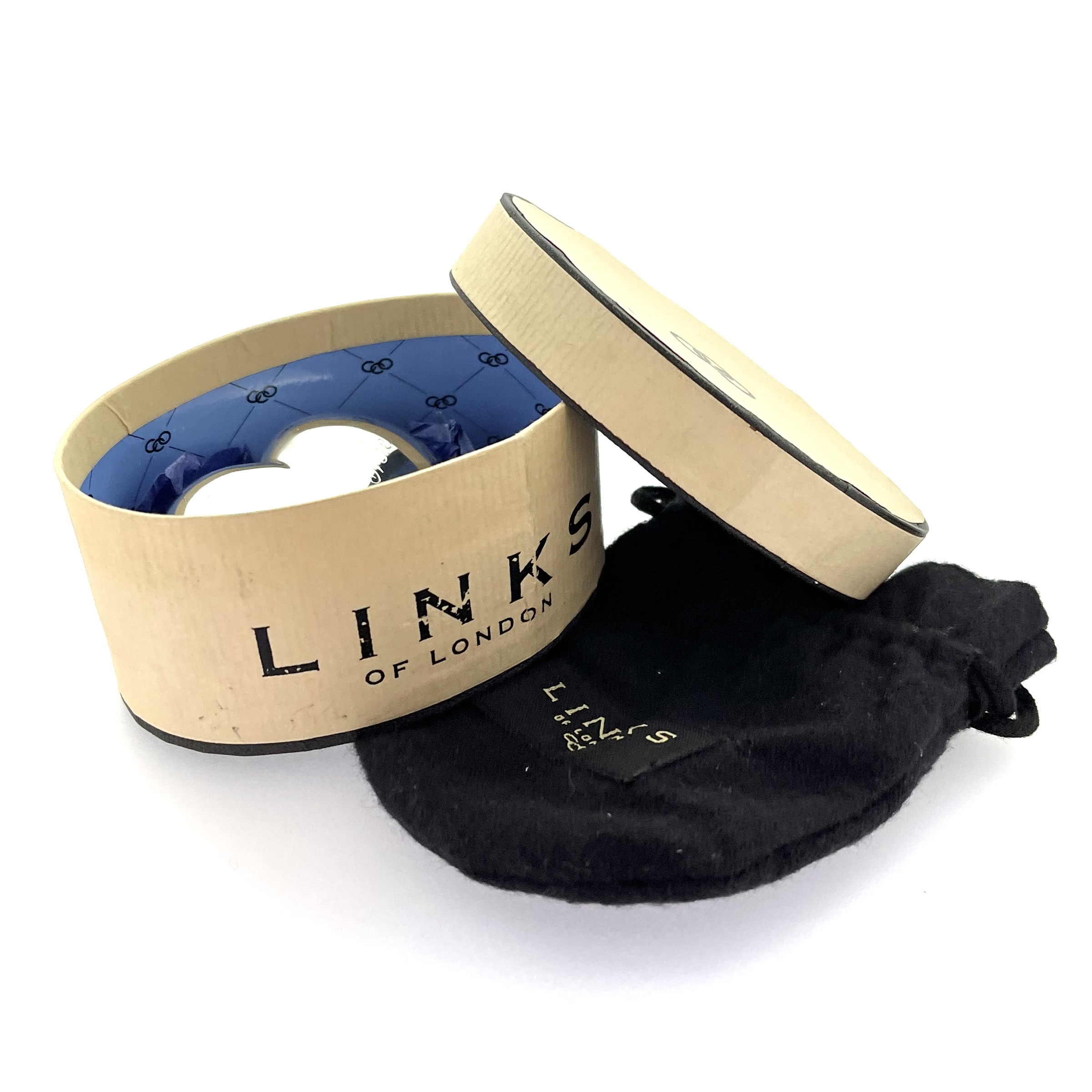 Original blue-lined oval Links of London box open