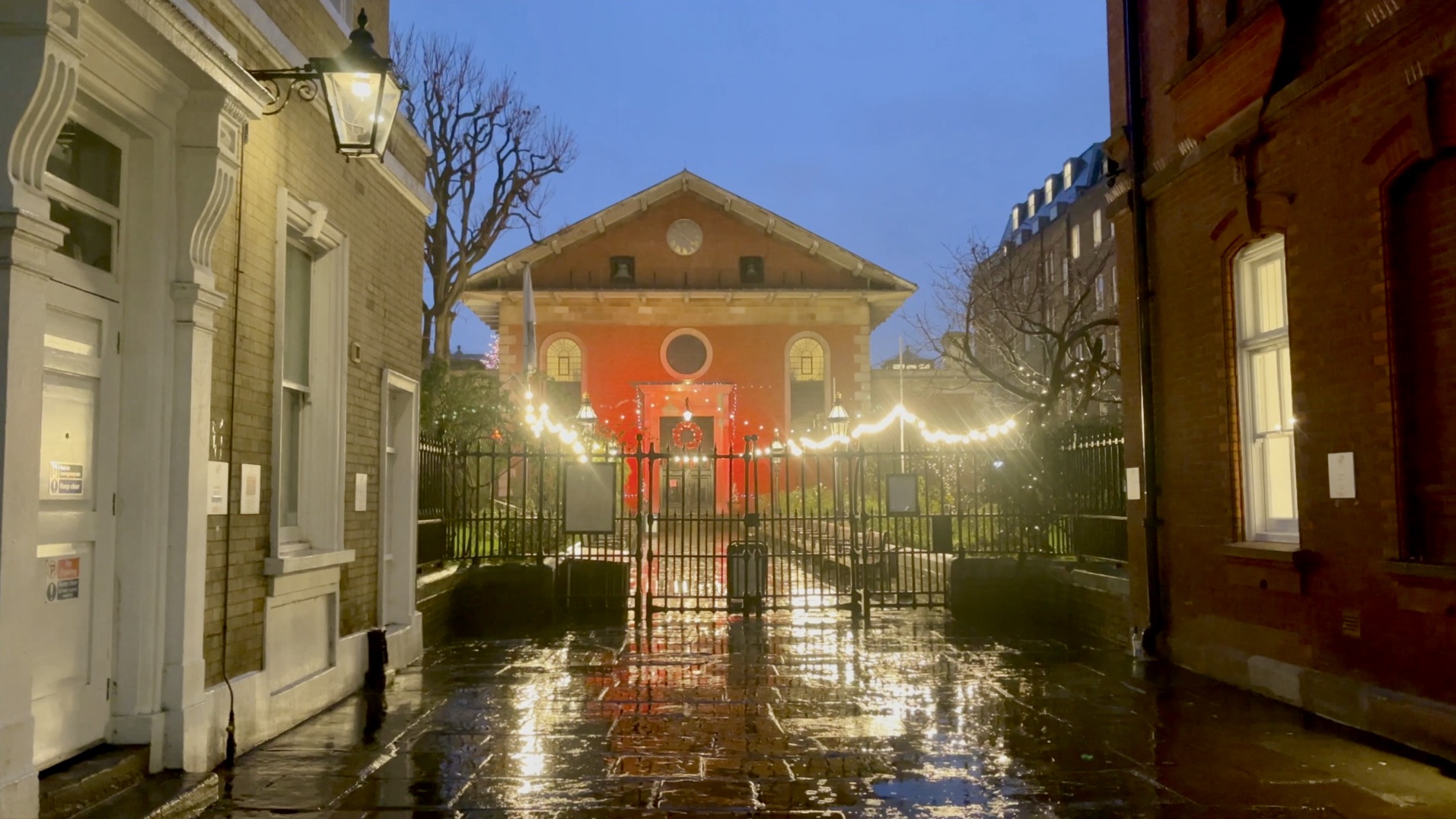 St Paul’s Church Covent Garden decorated with festive lighting.