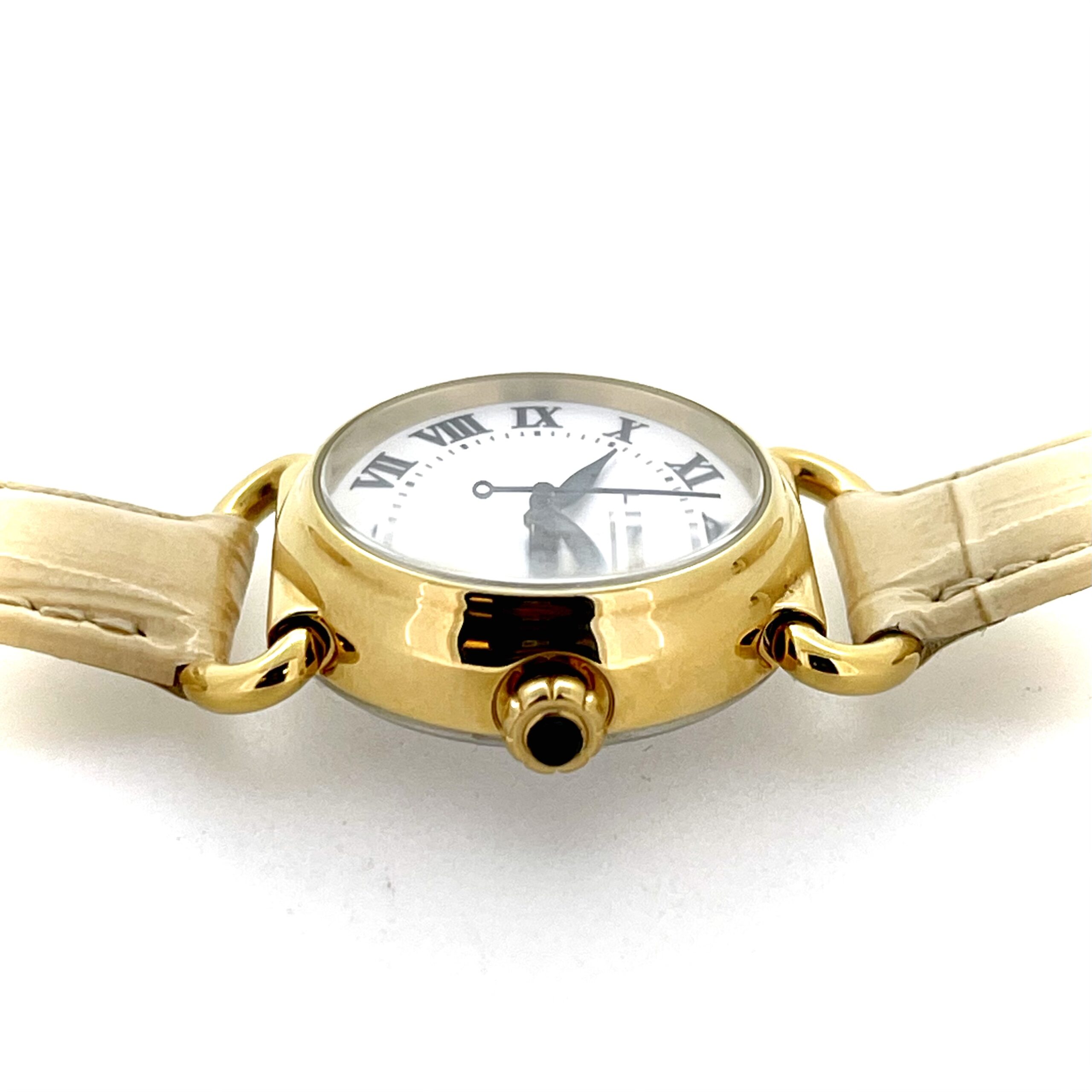Links of London Classic Round Roman Dial Quartz Watch 6010 1258 in gold-plated case with cream leather strap.
