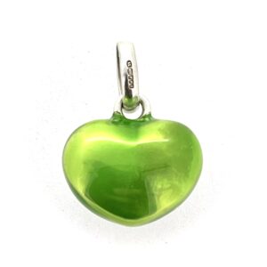Sterling silver heart charm with translucent green enamel coating