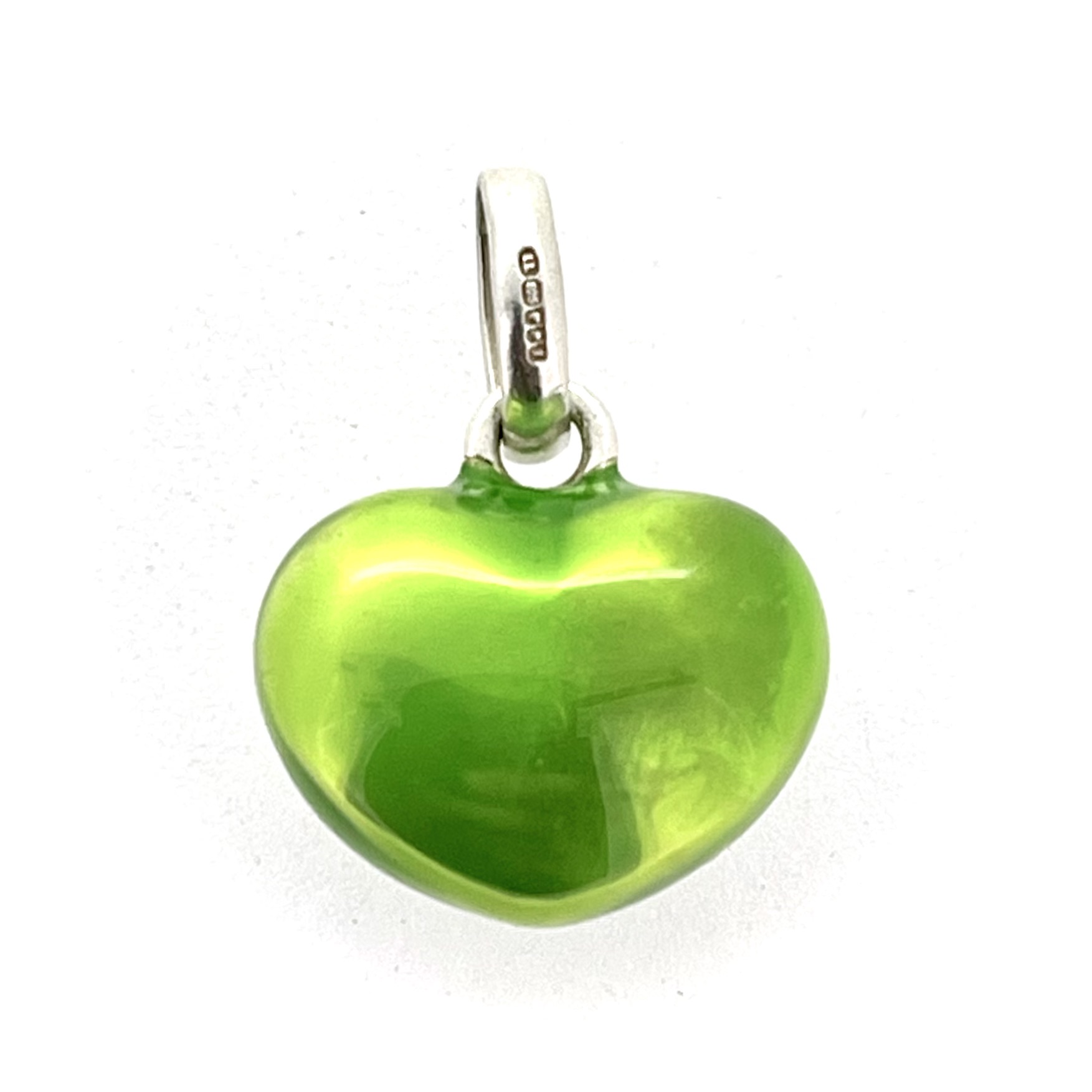 Sterling silver heart charm with translucent green enamel coating