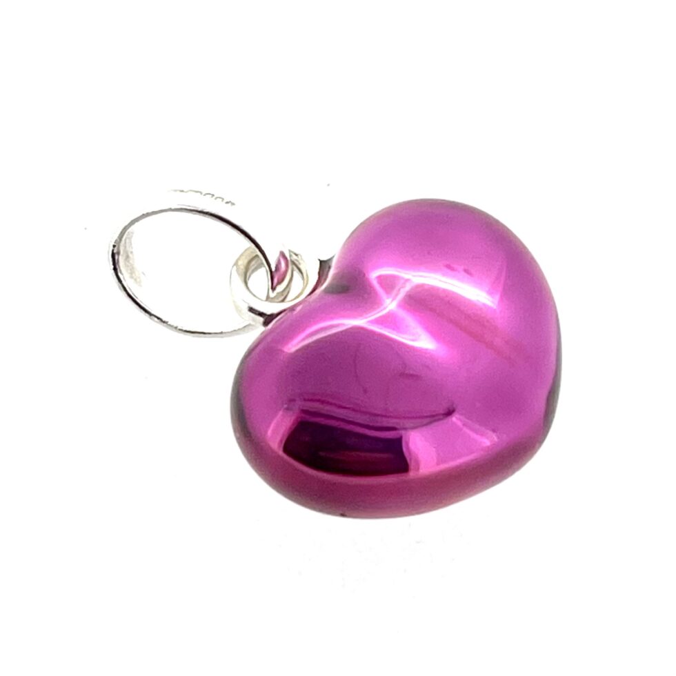 Translucent purple enamel heart charm angled view