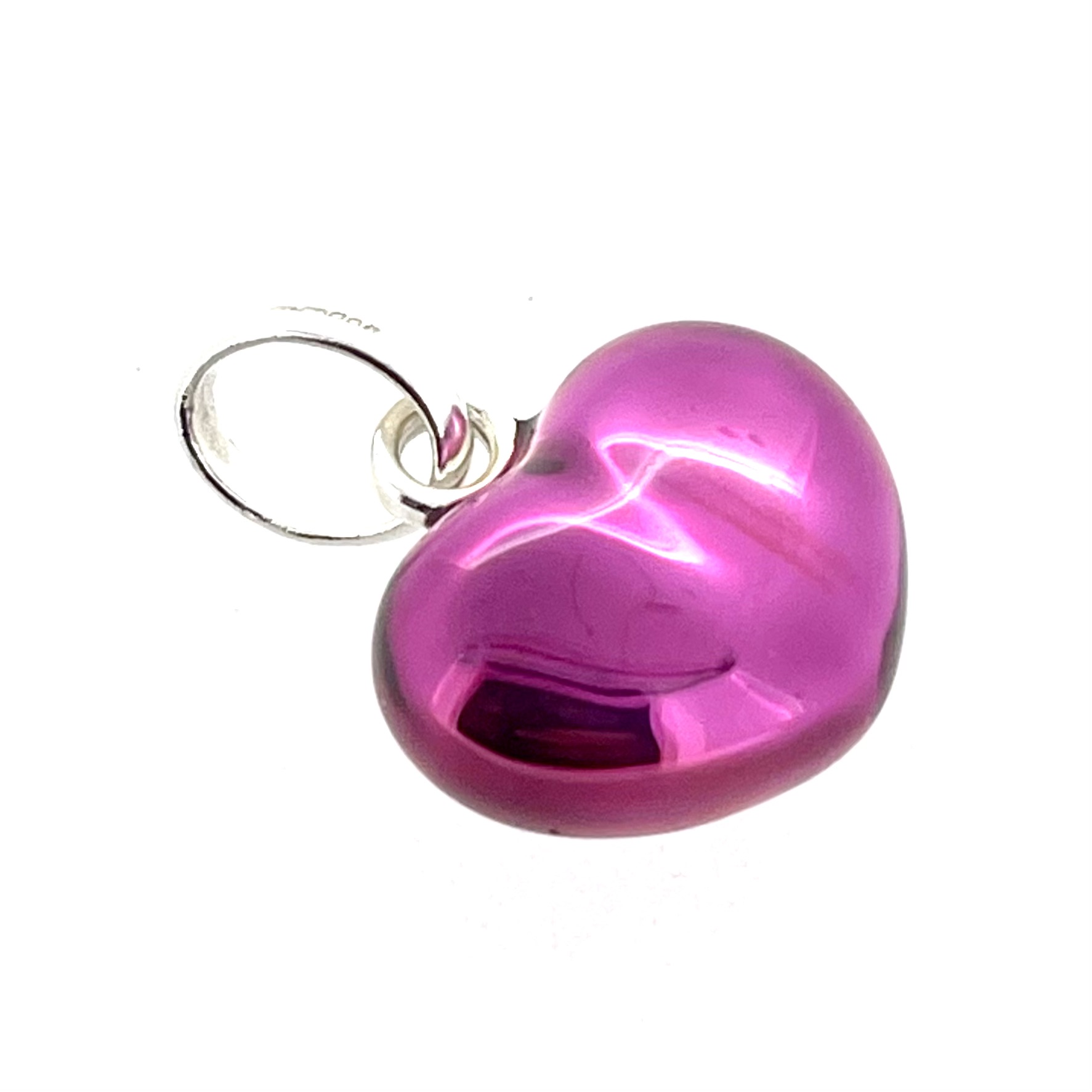 Translucent purple enamel heart charm angled view