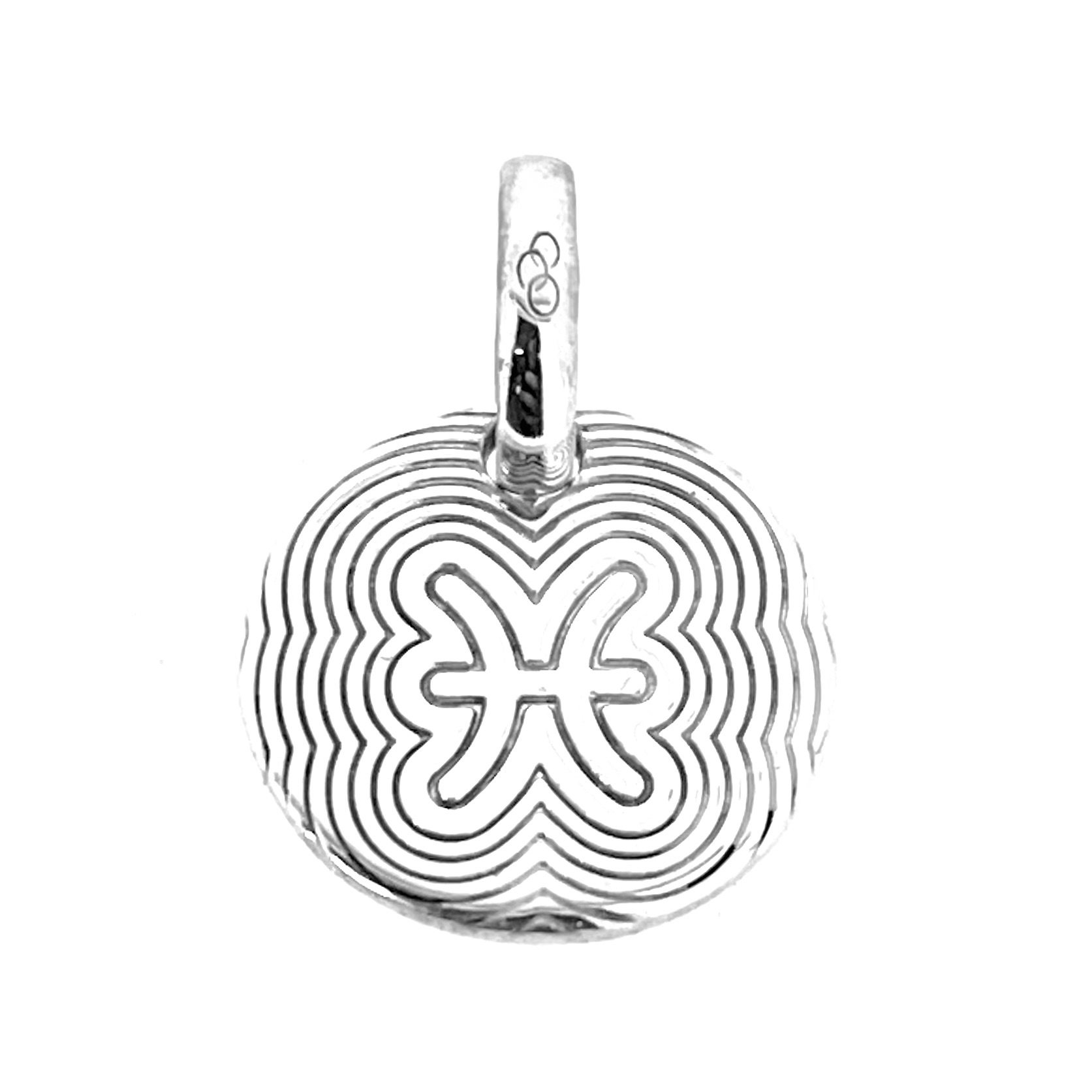 Close-up of Pisces glyph on polished silver charm