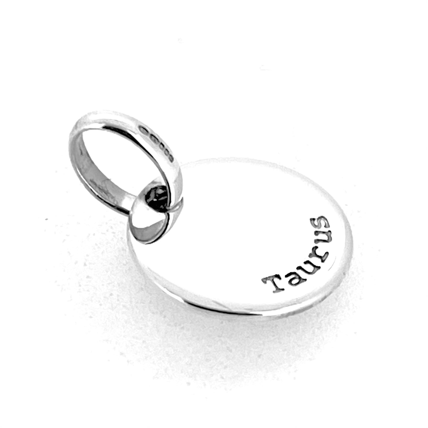 Zodiac Taurus disc charm photographed flat.