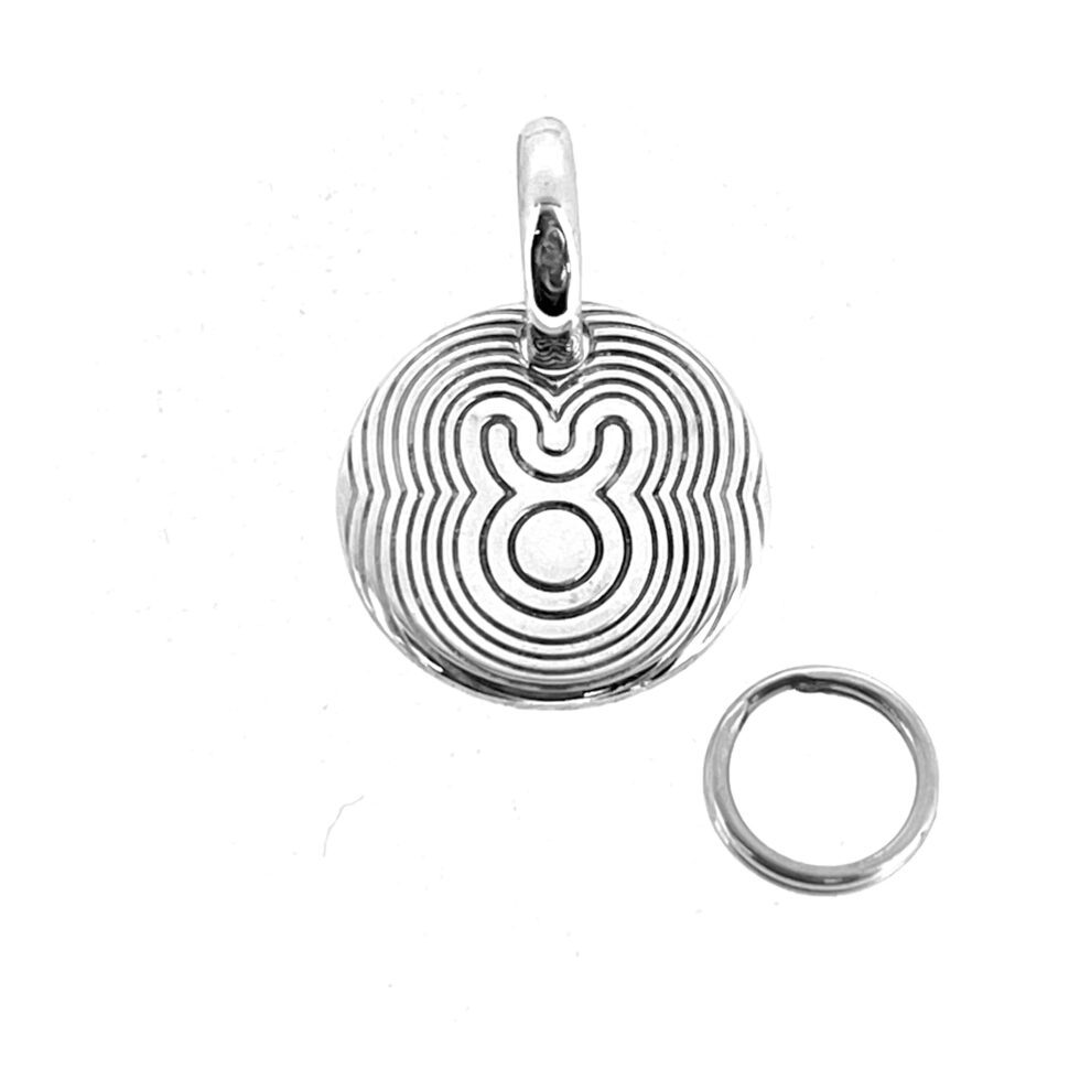 Close-up of Taurus symbol engraving on silver disc charm.