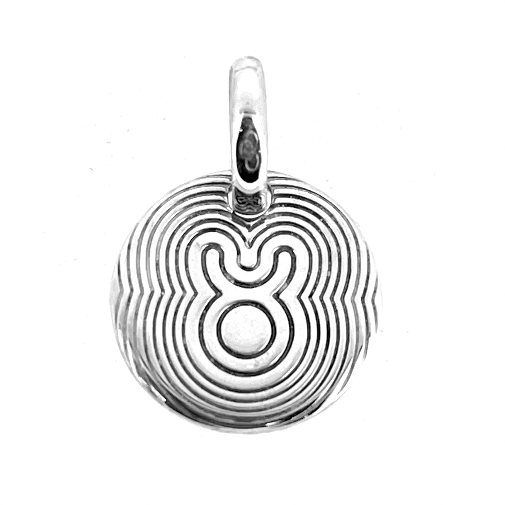 Sterling silver Taurus charm with concentric line pattern.