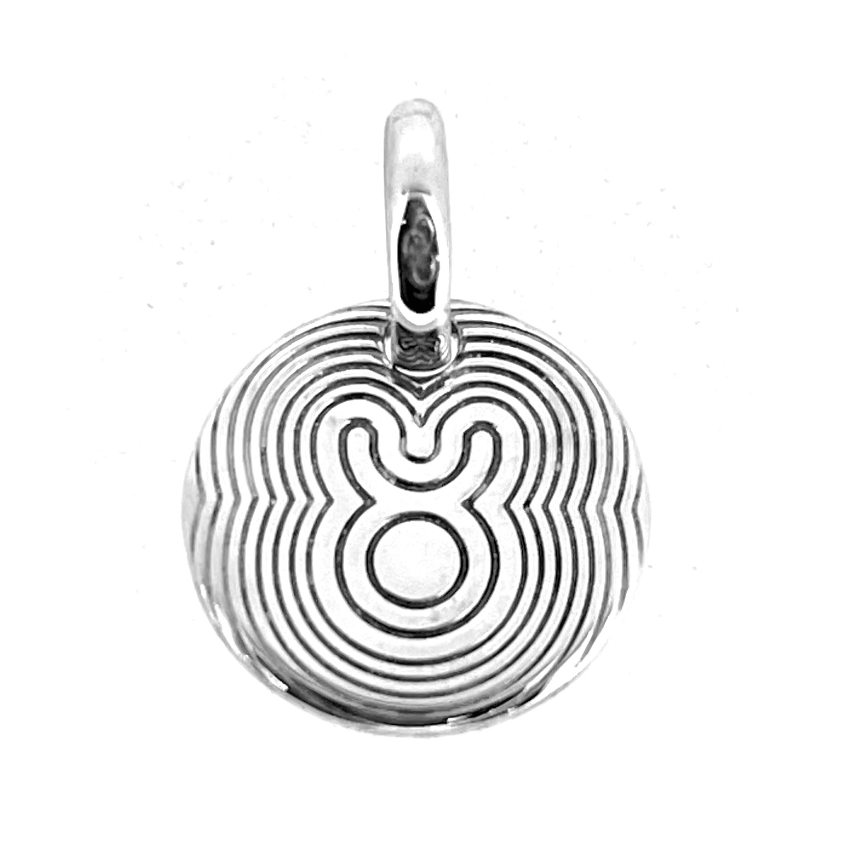 Vintage Links of London Taurus Zodiac Disc Charm front view showing Taurus symbol.