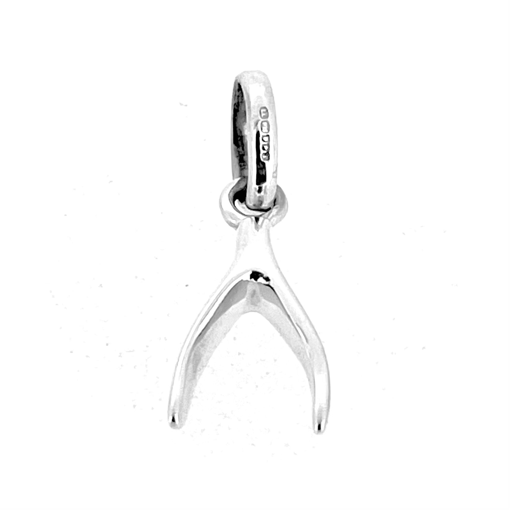 Sterling silver wishbone charm showing curved design