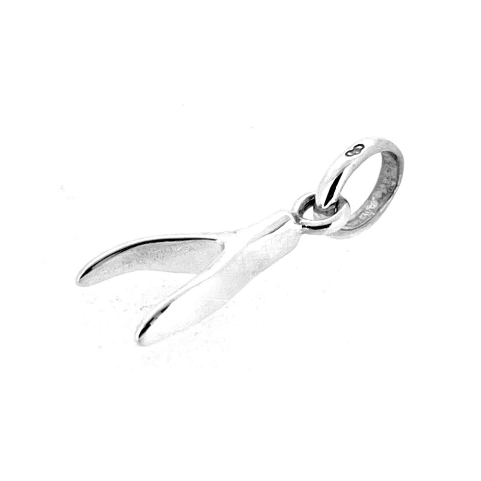 Polished sterling silver wishbone charm angled view
