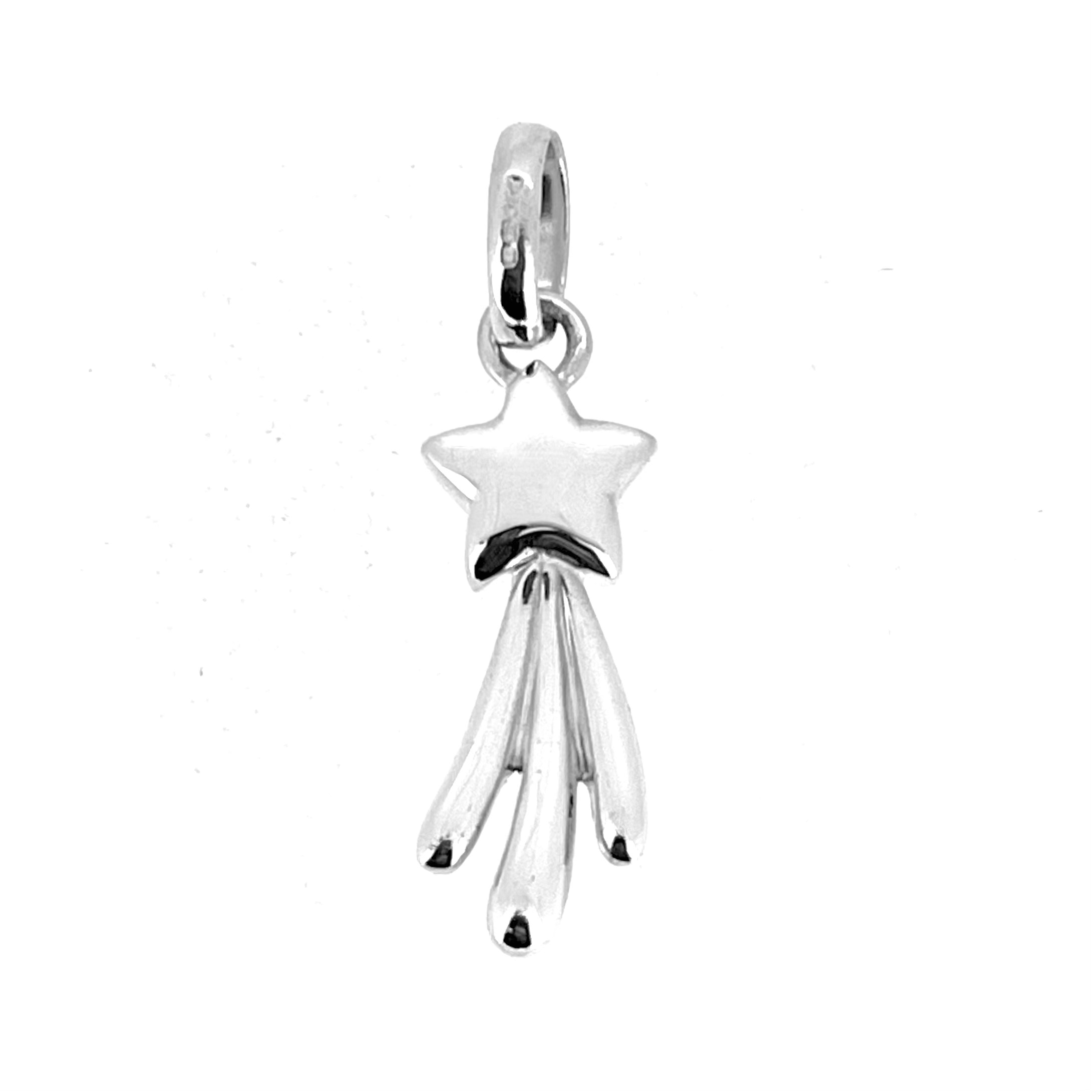 Polished silver shooting star charm with trailing star tails