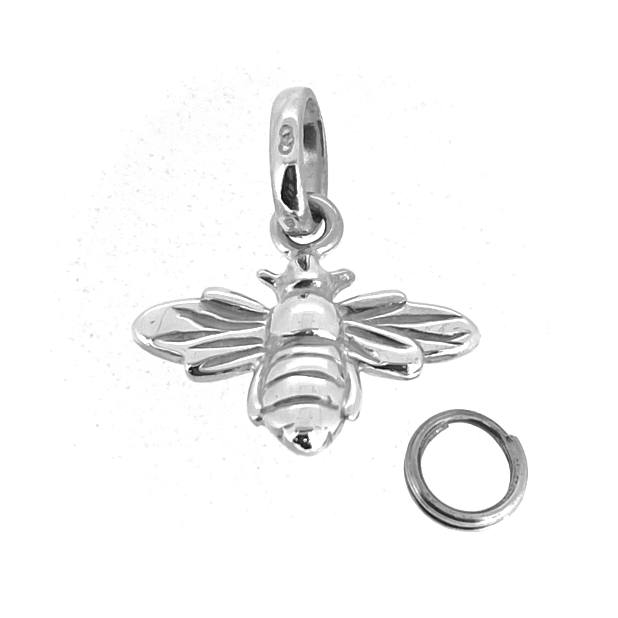 Polished silver bee charm with oval bail