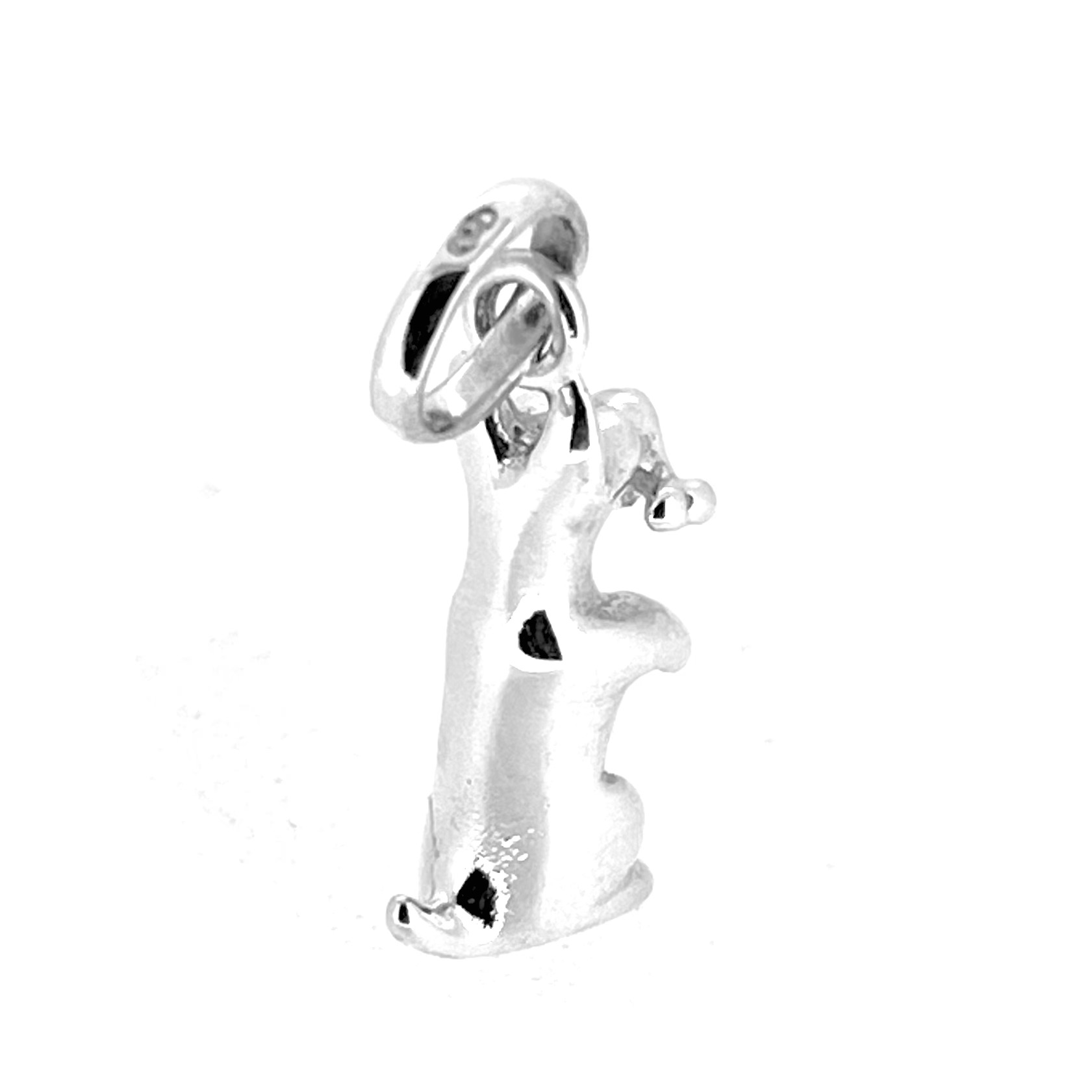 Links of London seated dog charm holding a bone in polished silver