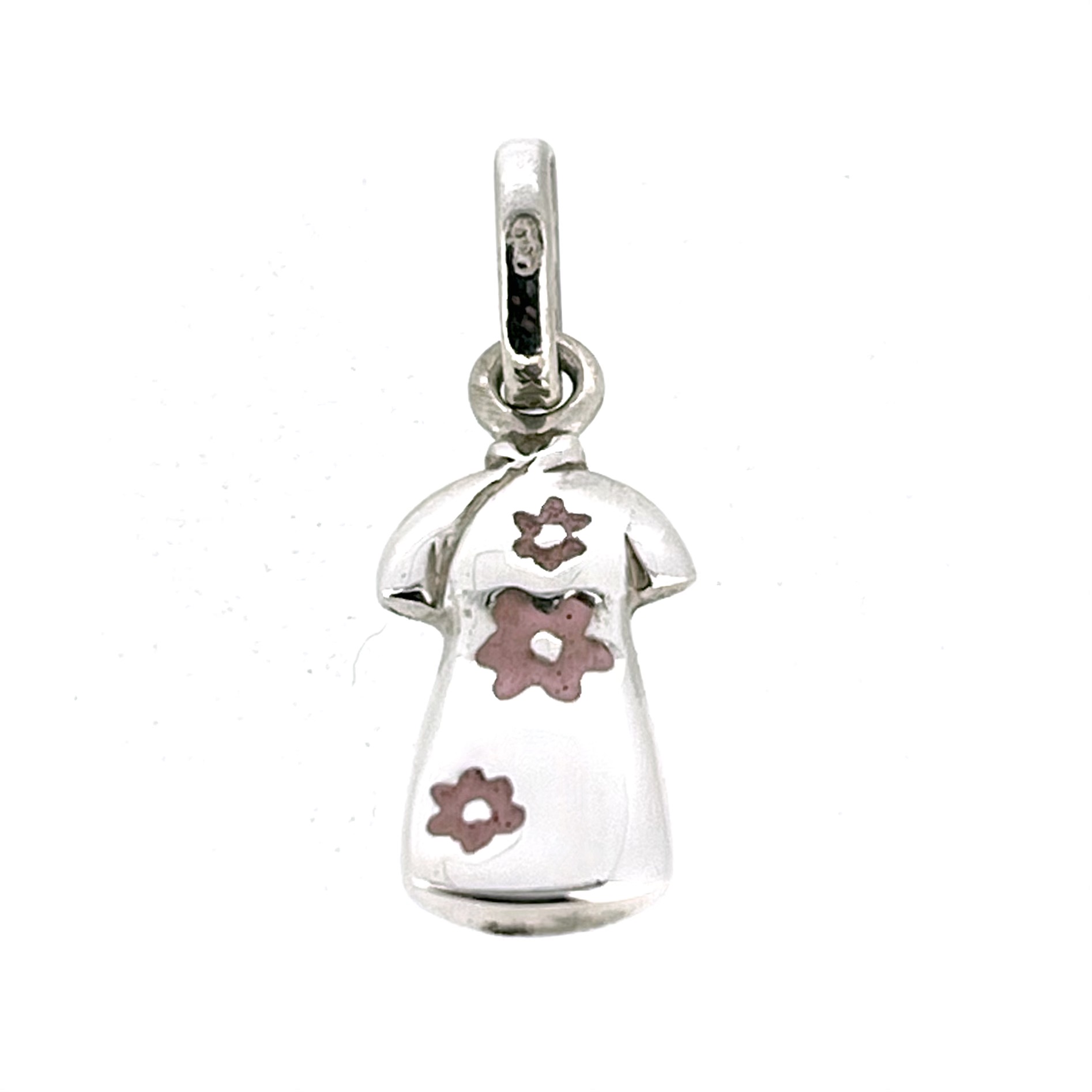 Links of London dress charm in polished silver with pink enamel flowers
