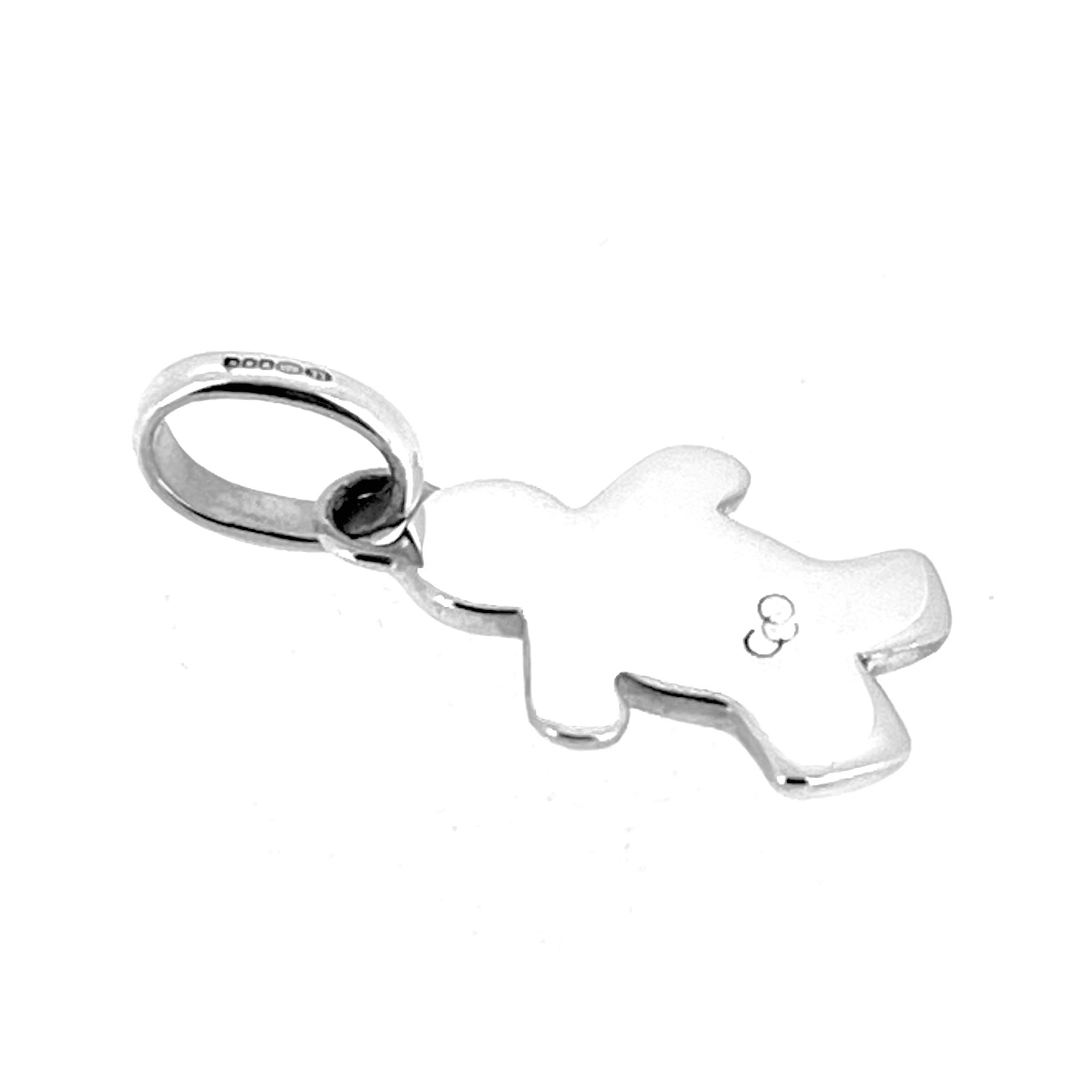 Polished sterling silver gingerbread man charm close up