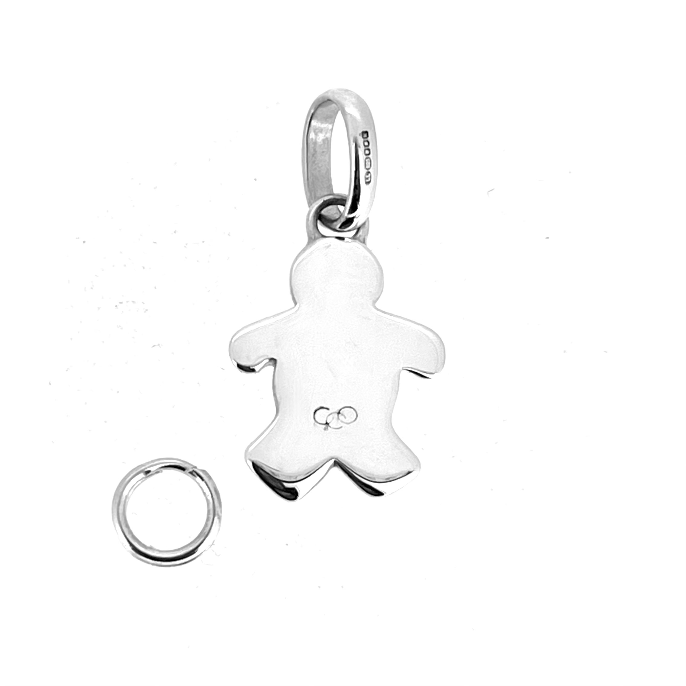 Sterling silver gingerbread man charm on white background