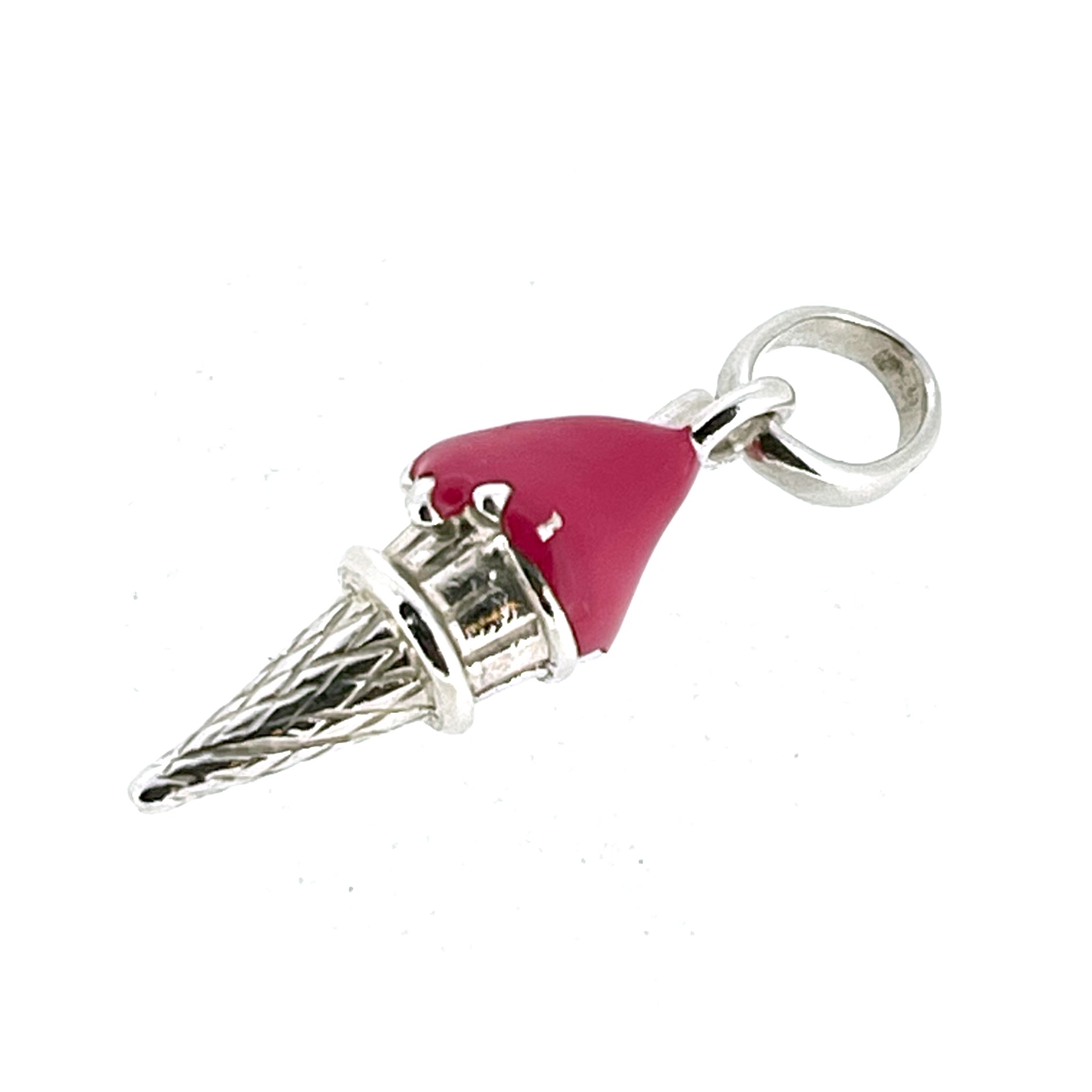 Polished silver ice cream cone charm with pink enamel scoop
