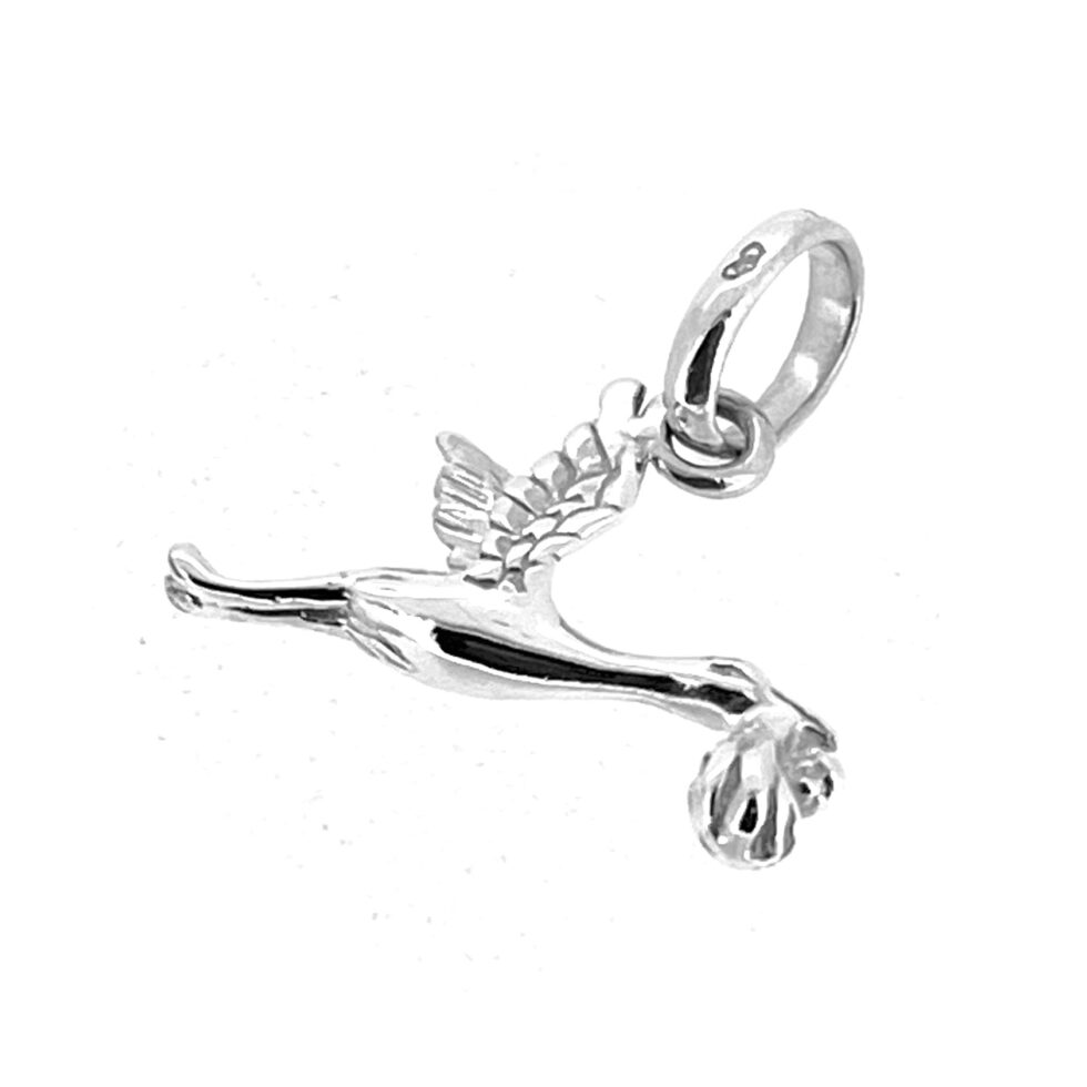 Sterling silver stork charm with baby bundle
