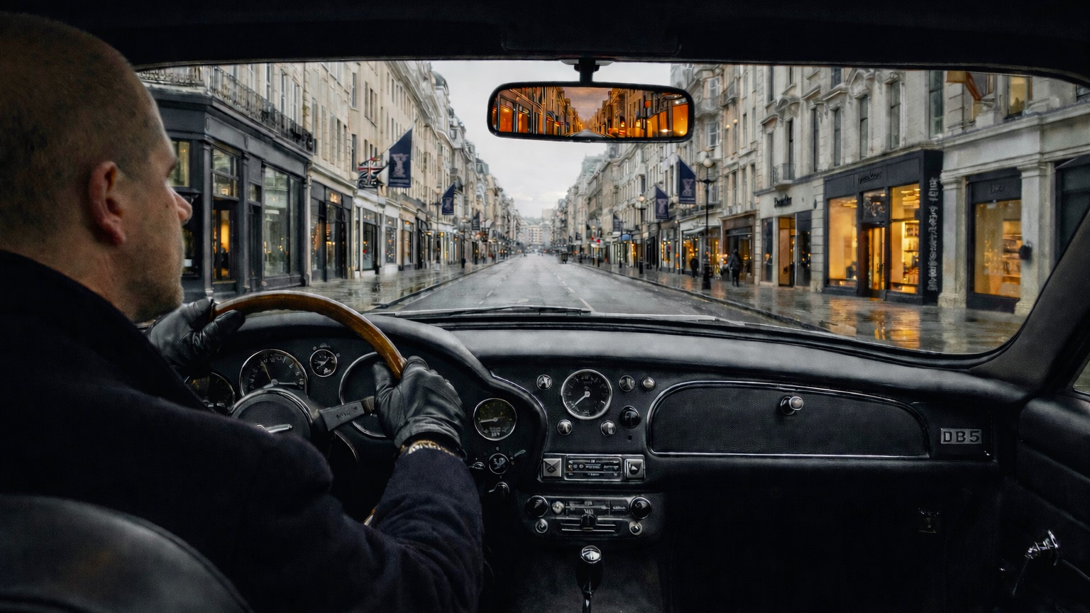 Interior view from inside an Aston Martin driving along Bond Street in Mayfair, London, with the street visible ahead and reflected in the rear-view mirror.