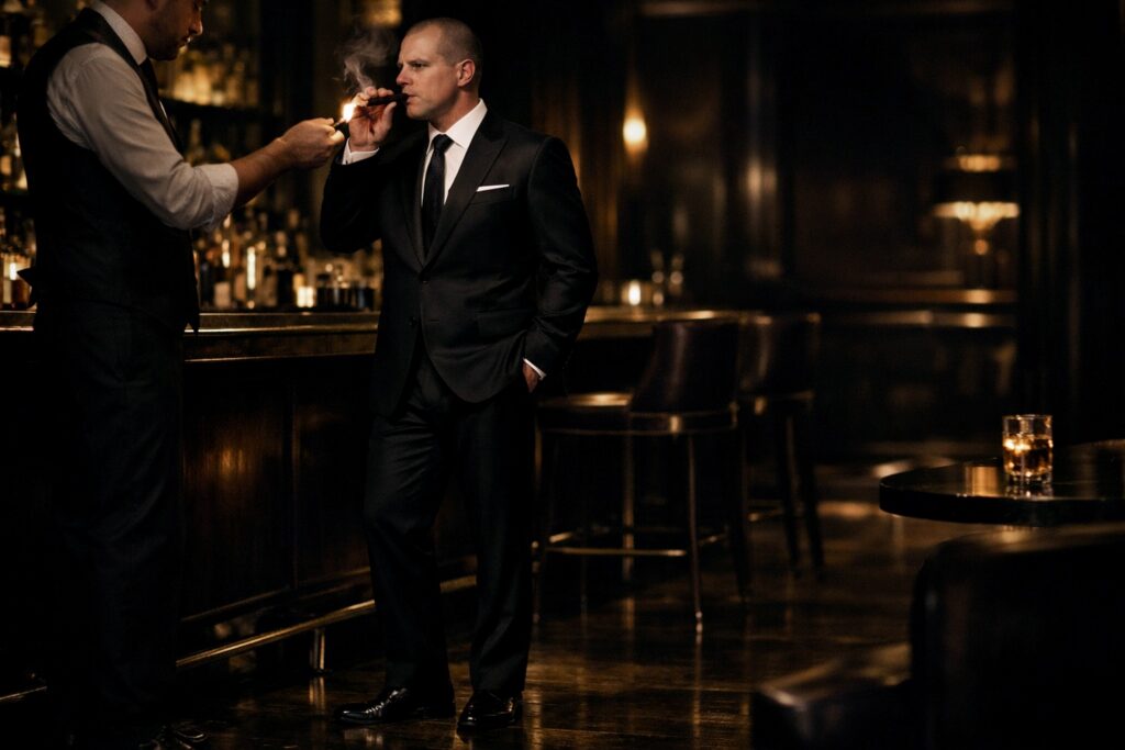 Barry Roberts being served cigar