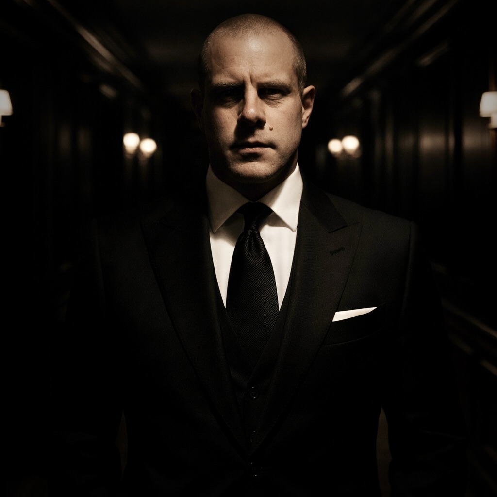 Barry Roberts photographed in low light wearing a dark tailored suit with subtle sterling silver cufflinks inside a London gentleman’s club interior.