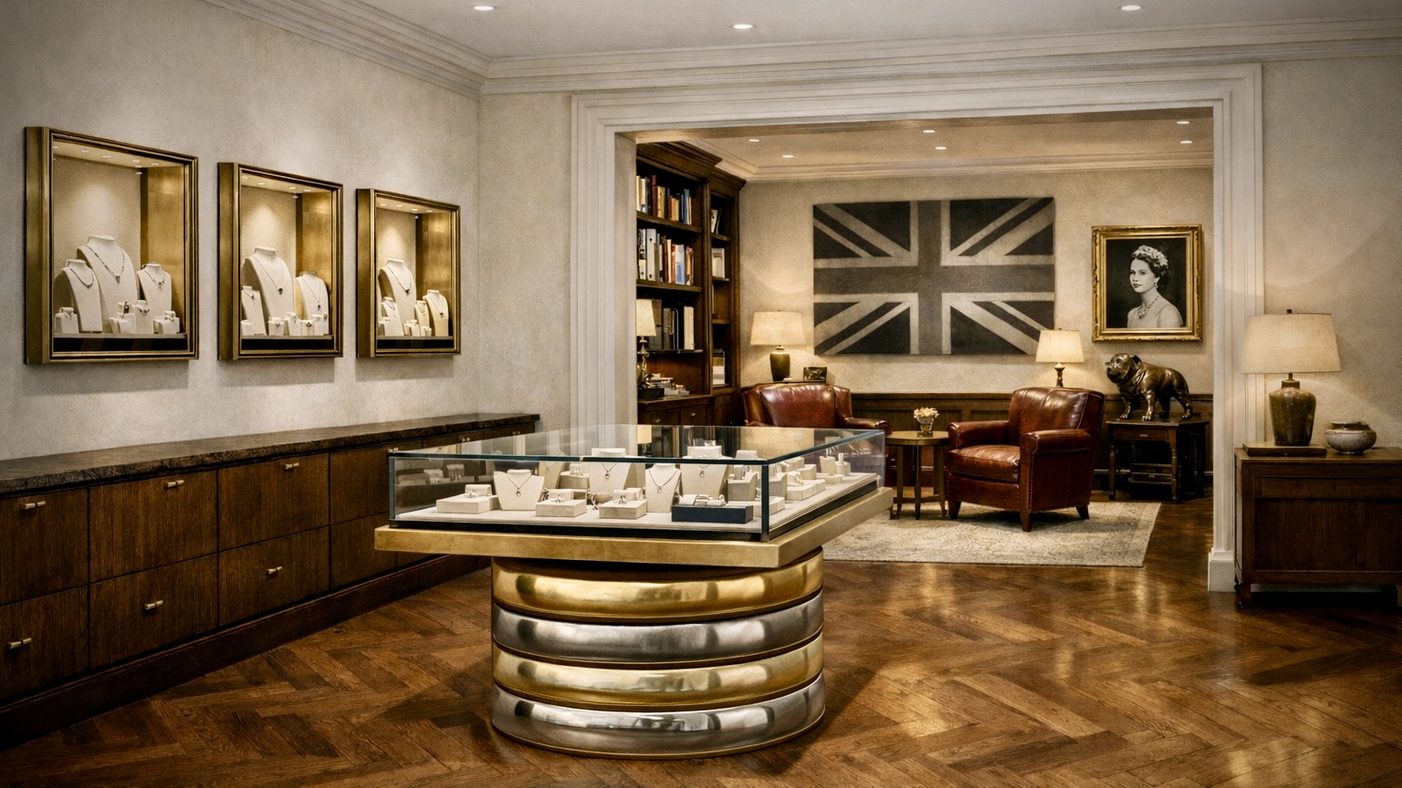 London townhouse jewellery salon interior with separate showroom and lounge areas.