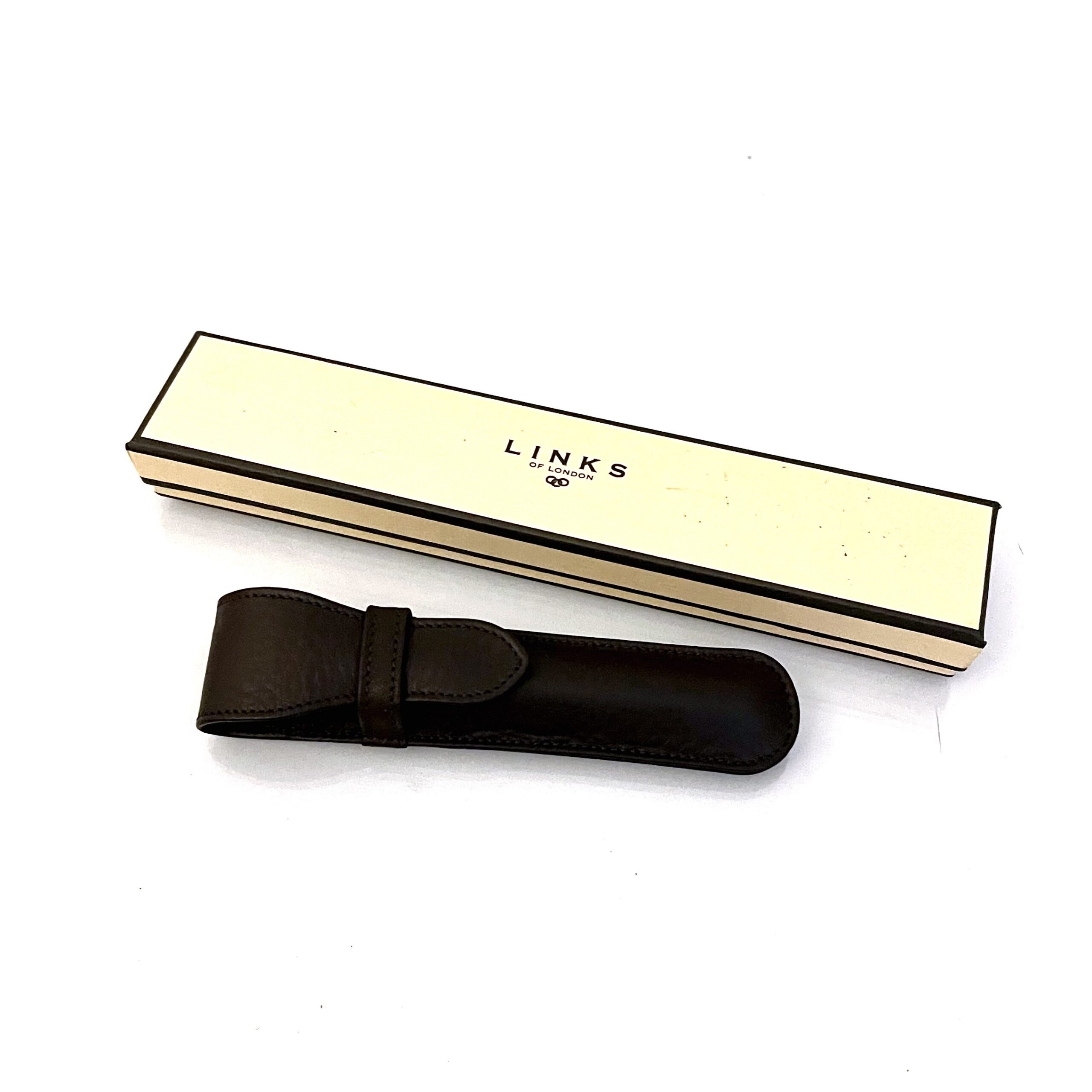 Brown leather Links of London pen case embossed logo