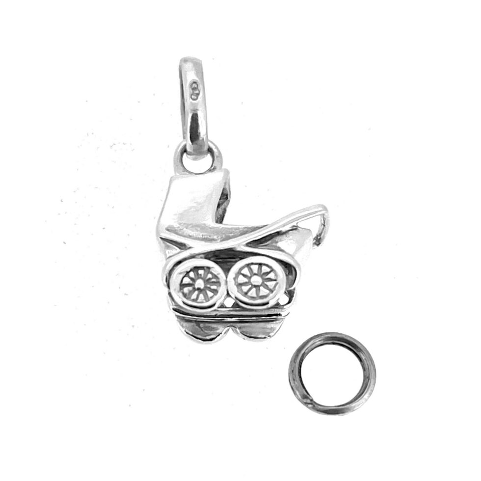 Links of London sterling silver pram charm front view