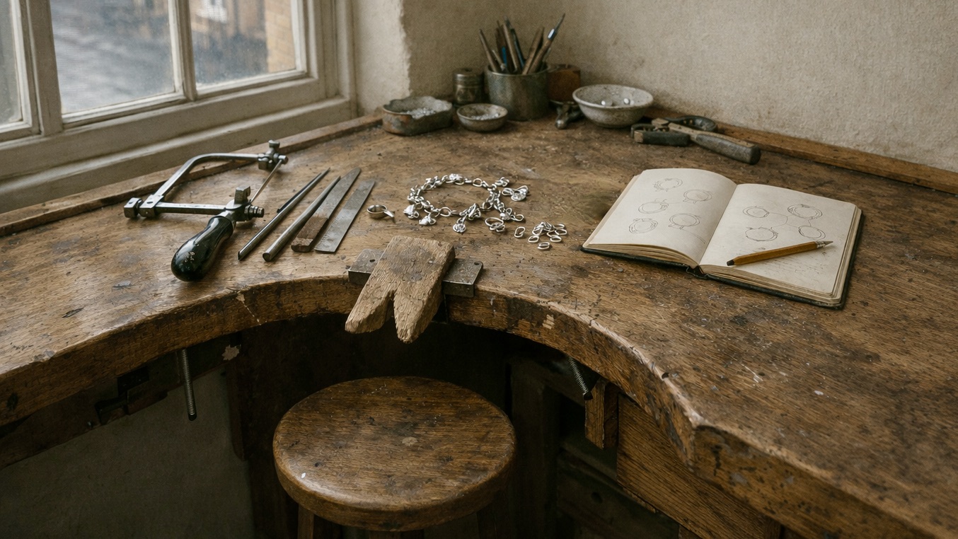 Tidy London jeweller’s bench with traditional hand tools, sterling silver components, and natural daylight from a sash window.