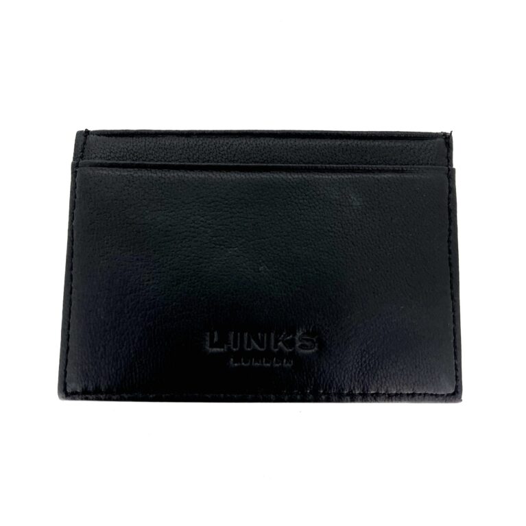 Links of London black leather card holder embossed logo front view
