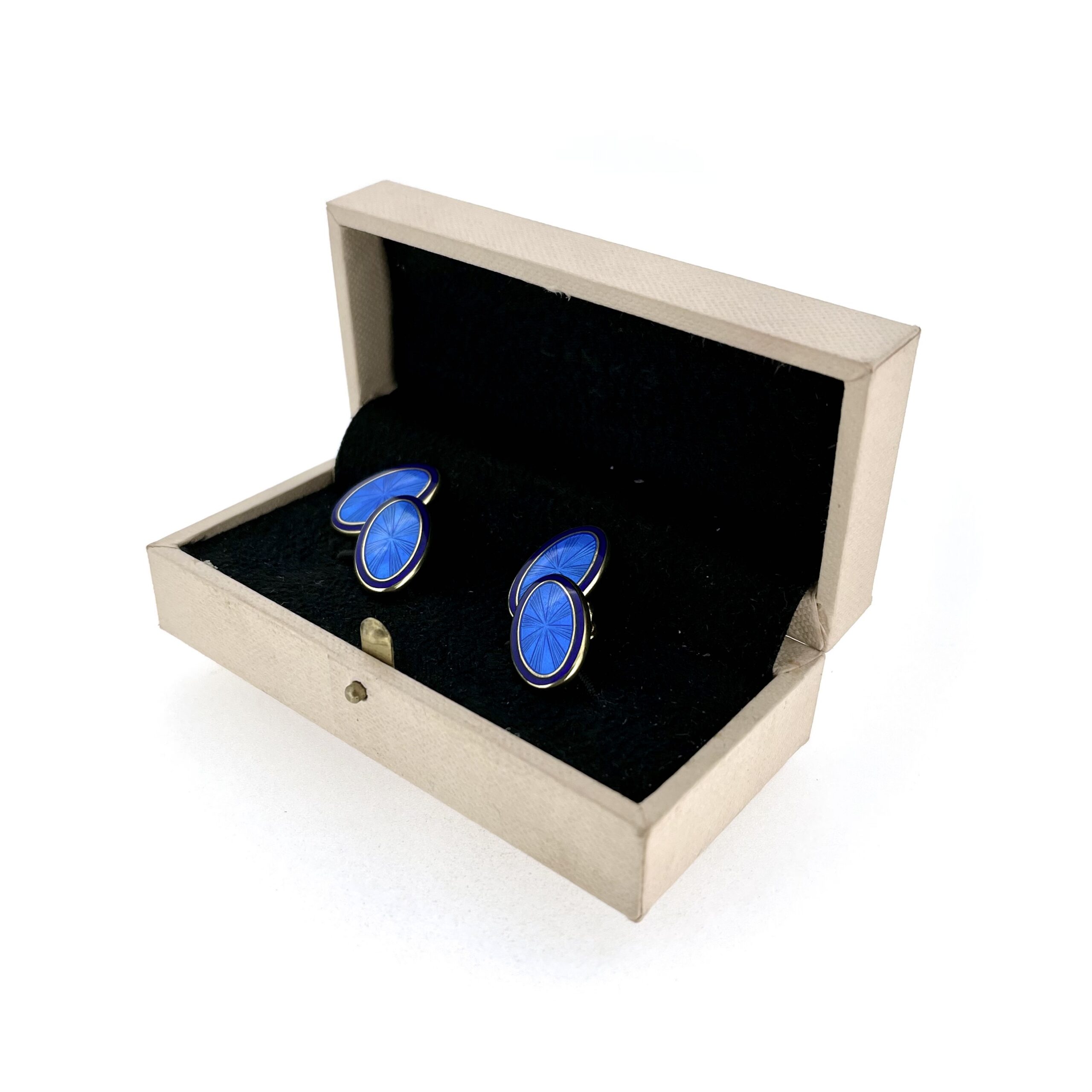 Blue enamel cufflinks sunburst guilloche pattern