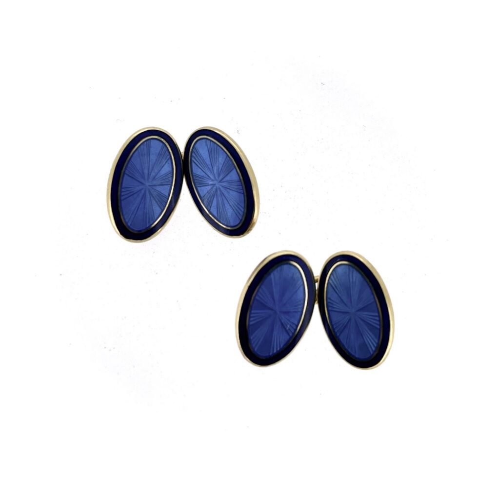 Blue guilloche enamel oval cufflinks front view