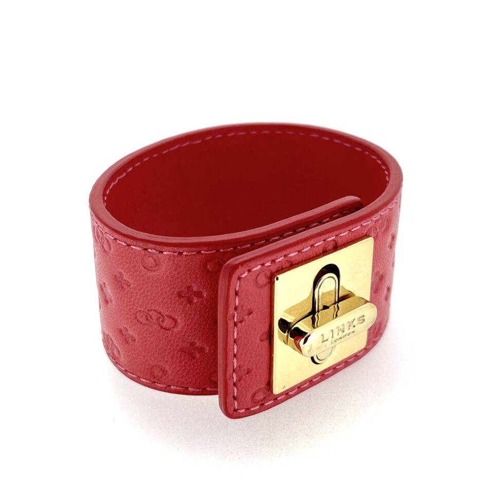 Red embossed leather cuff bracelet Links London toggle detail