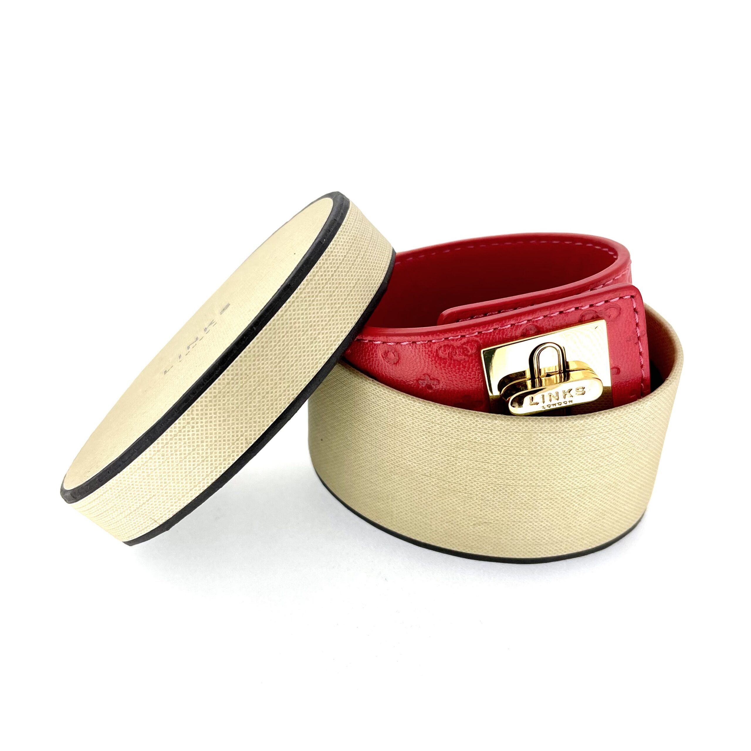 Red leather cuff clasp underside detail