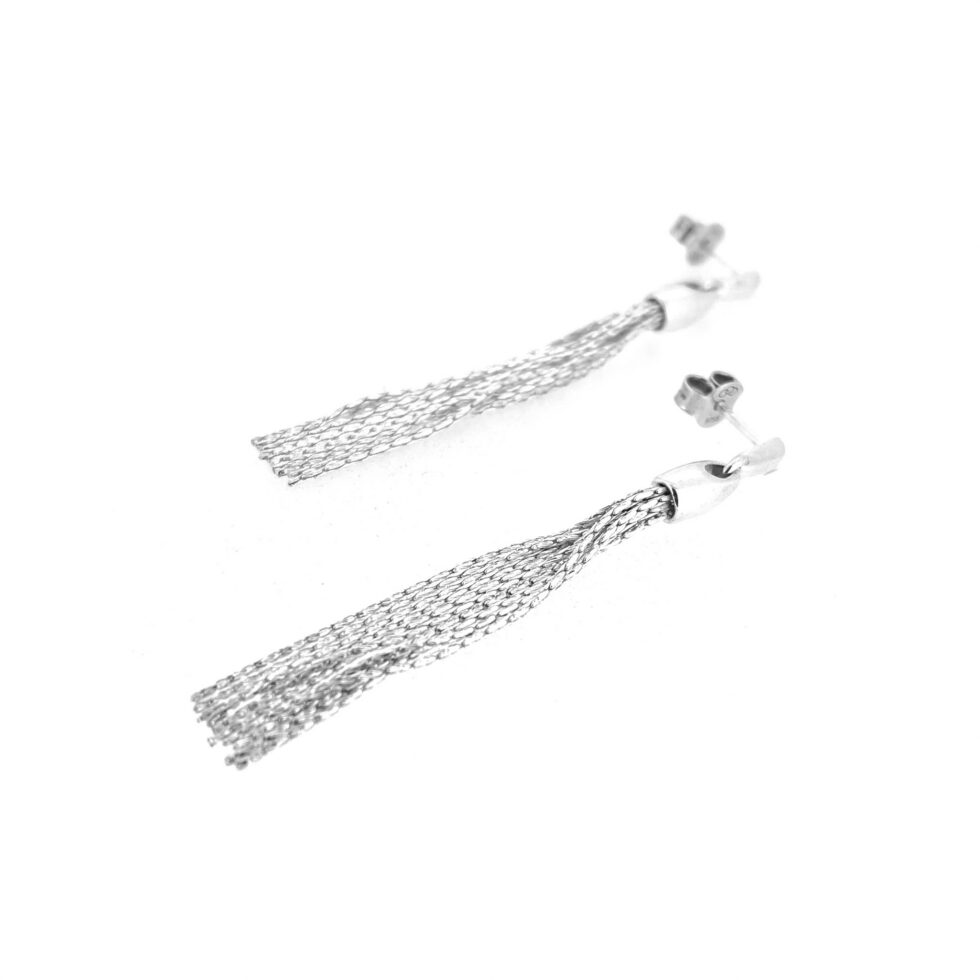 Side view of sterling silver tassel earrings