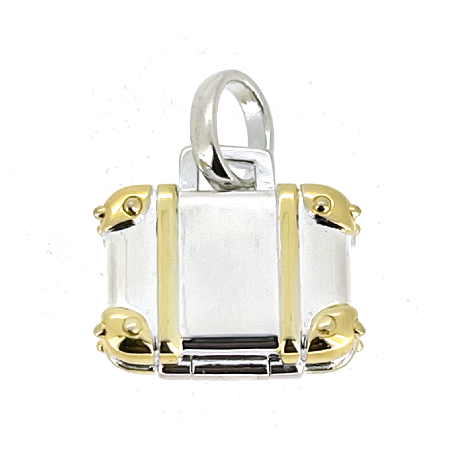 Close up gold plated corner detailing suitcase charm Links London