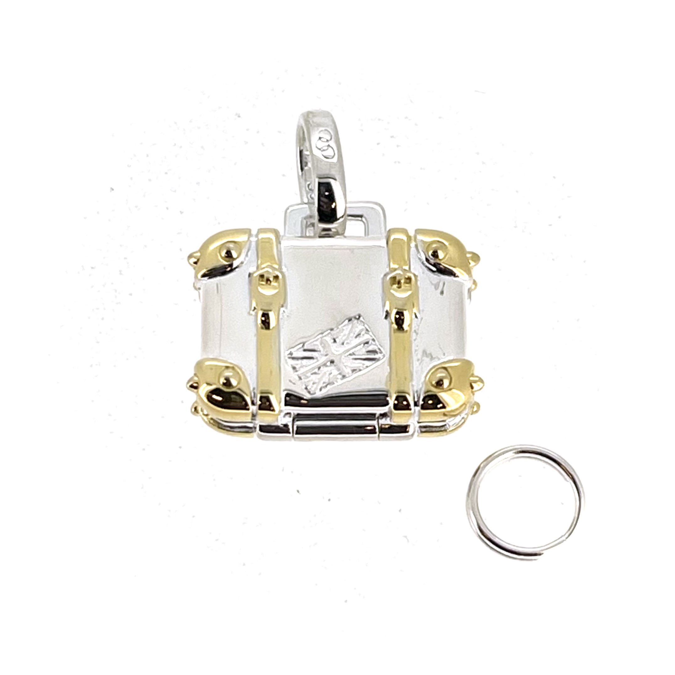 Links London travel suitcase charm polished silver with gold straps