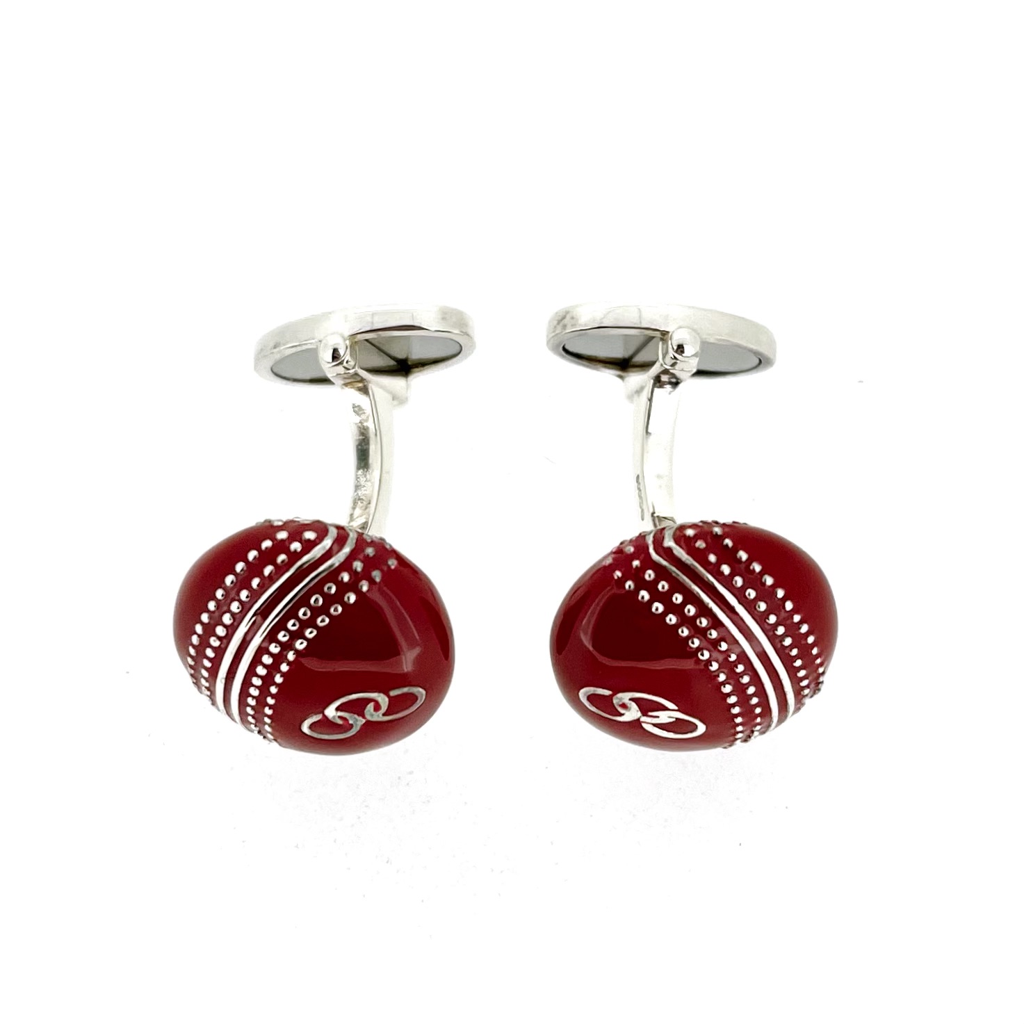Links of London cricket ball cufflinks red enamel front view
