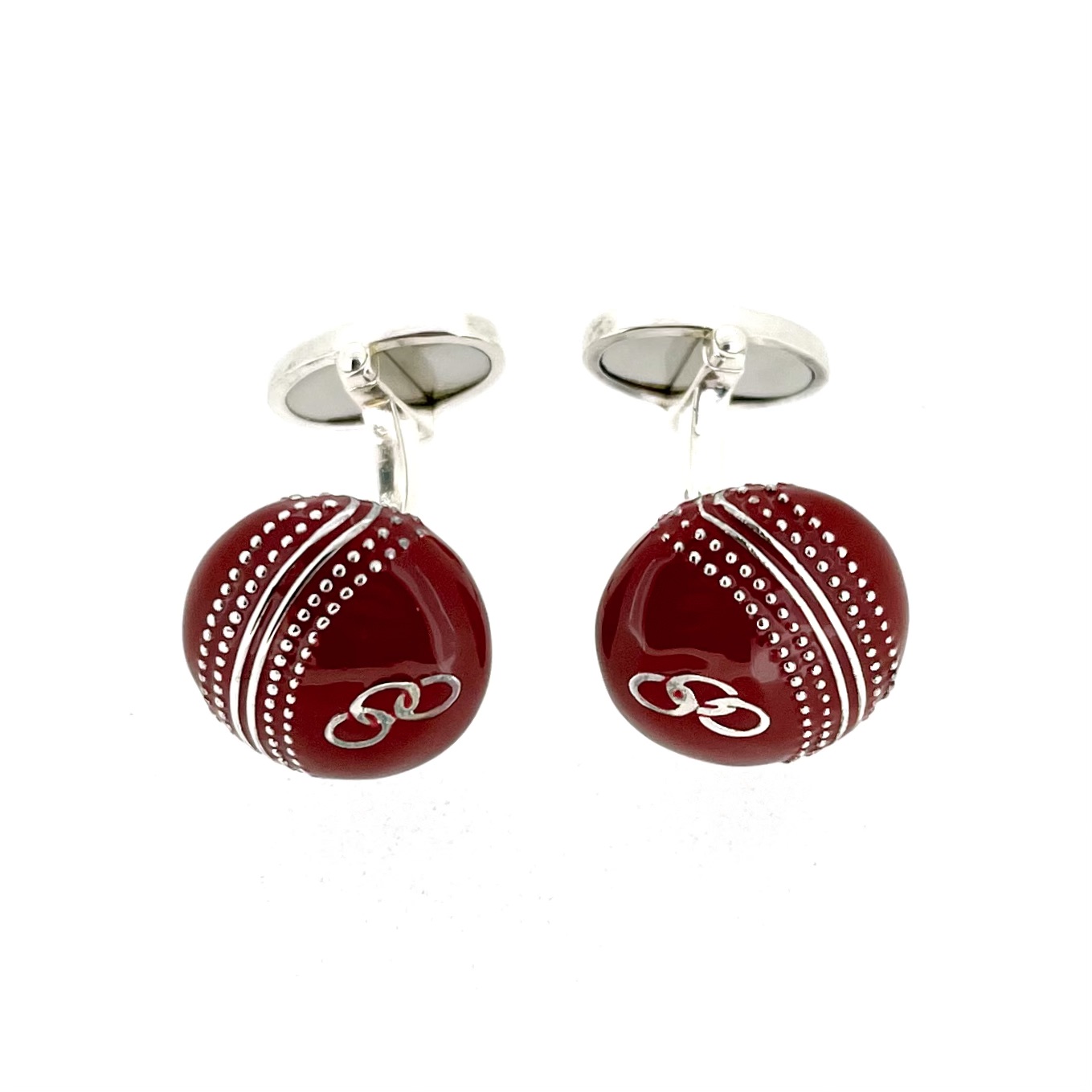 Sterling silver cricket cufflinks showing seam detail