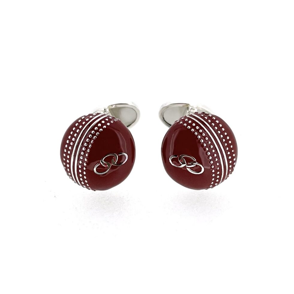 Links of London cricket ball cufflinks red enamel front view