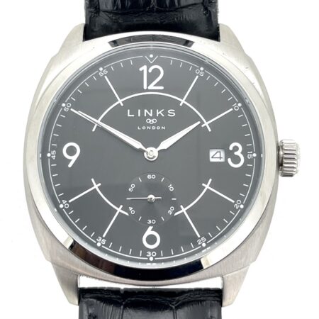 Links of London gents stainless steel watch black dial front view
