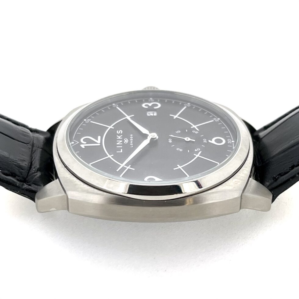 Links of London watch angled view showing polished bezel and brushed case