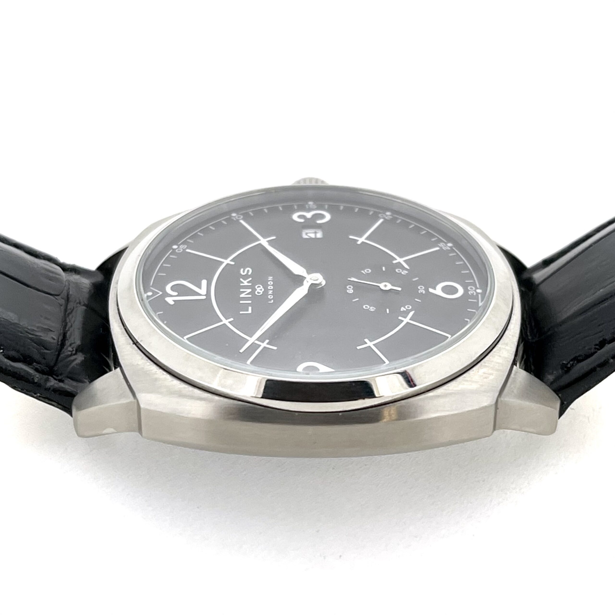 Links of London watch angled view showing polished bezel and brushed case