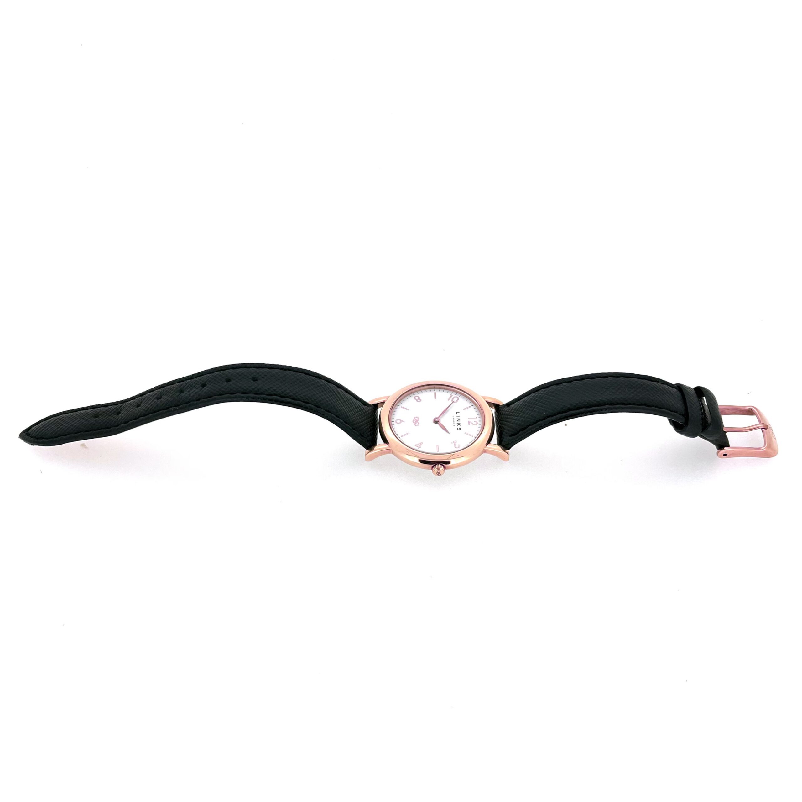 Rose gold tone Links of London watch with white dial and black leather strap