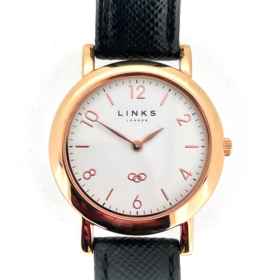 Vintage Links of London Ladies Rose Gold Noble Slim Leather Watch front view