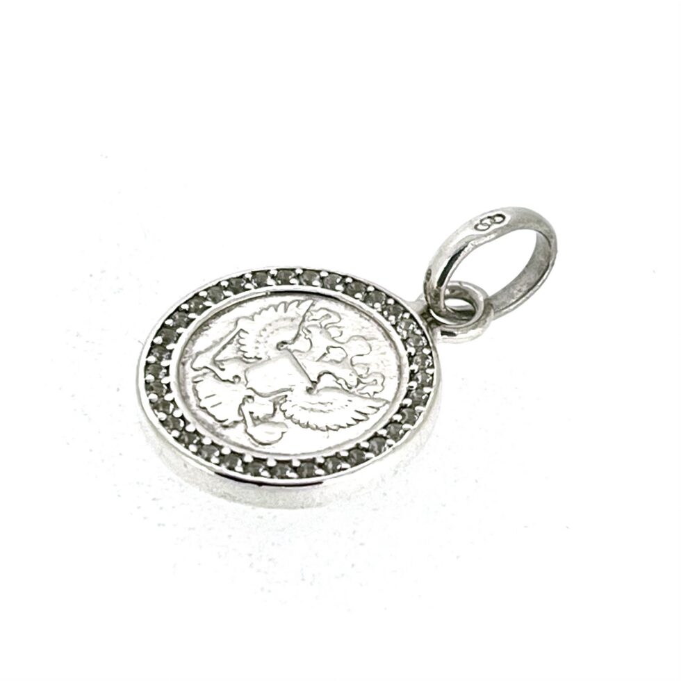 Sterling silver Links of London coin pendant charm showing double-headed eagle and white topaz border