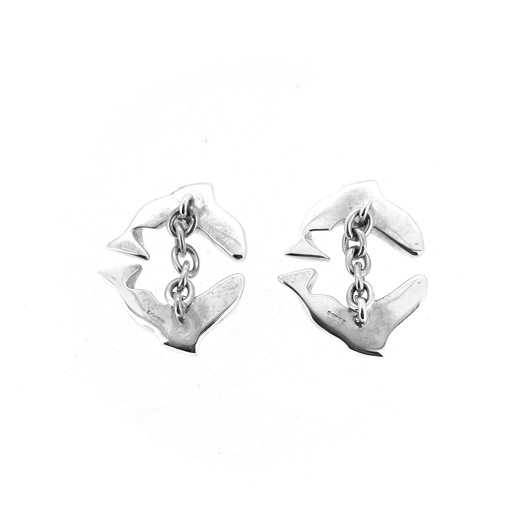 Reverse of Links of London fish cufflinks showing hallmarks